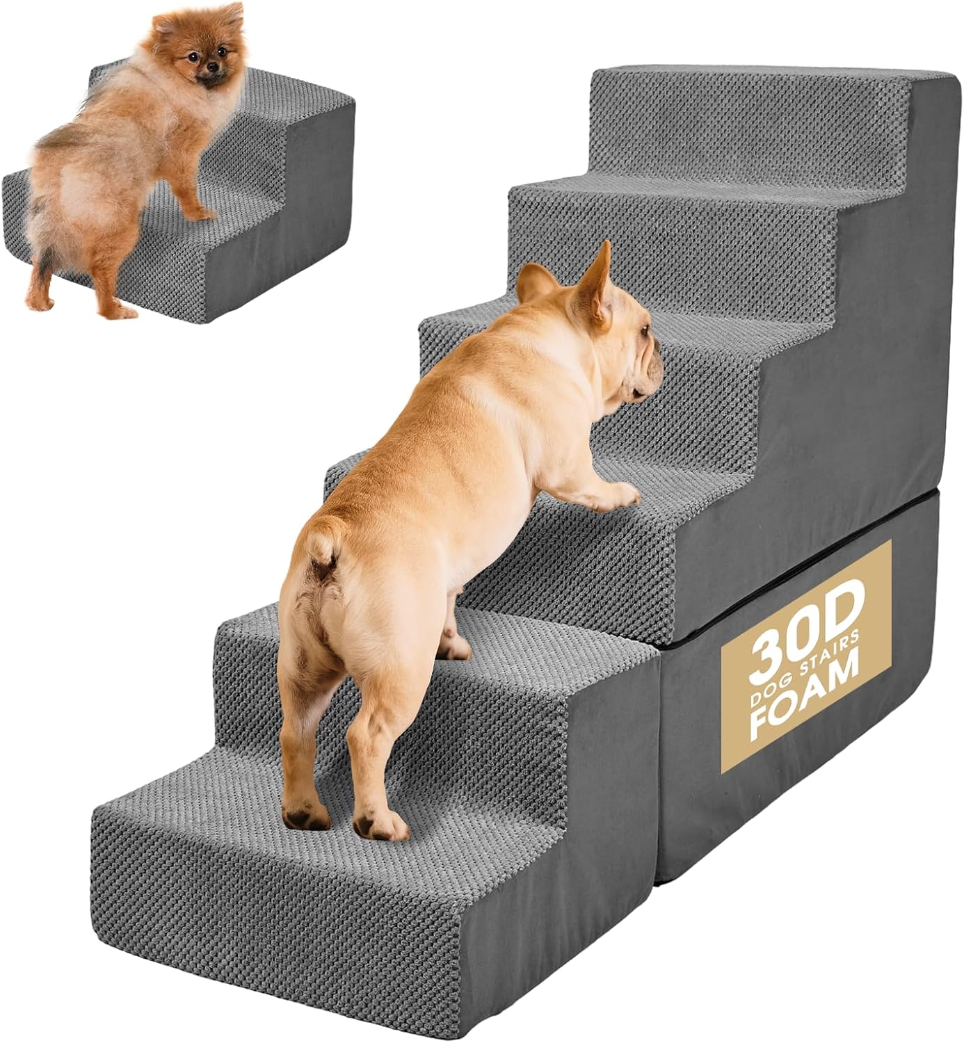 Dog Stairs for Bed 30''H Small Dogs, 6-Step Sturdy Foam Dog Steps for High Bed, Pet Stairs for Older Dogs/Cats/Puppy, Non-Slip Curved Pet Ramp Indoor, Removable Washable Cover, Grey