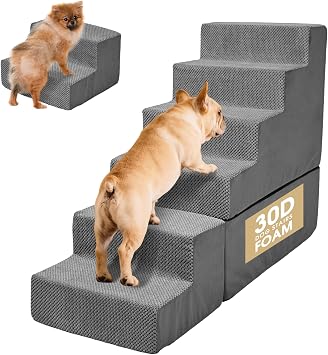 Dog Stairs for Bed 30H Small Dogs, 6-Step Sturdy Foam Dog Steps for High Bed, Pet Stairs for Older Dogs/Cats/Puppy, Non-Slip Curved Pet Ramp Indoor, Removable Washable Cover, Grey