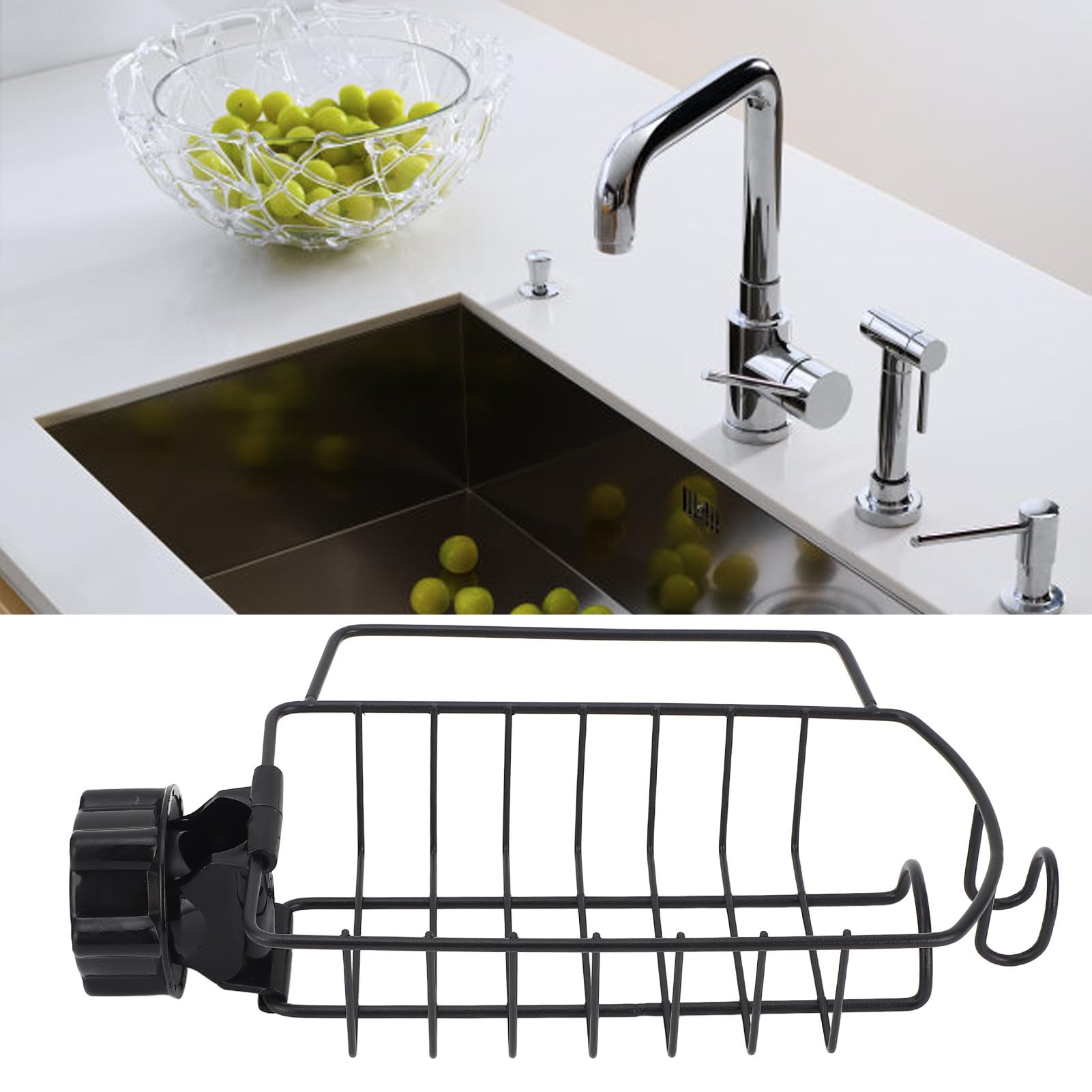 Kitchen Sink Faucet Organizer, Carbon Steel Adjustable Faucet Storage Rack Sponge Holder Kitchen Sink Storage Rack for 0.9-1in Round Water Pipes Left