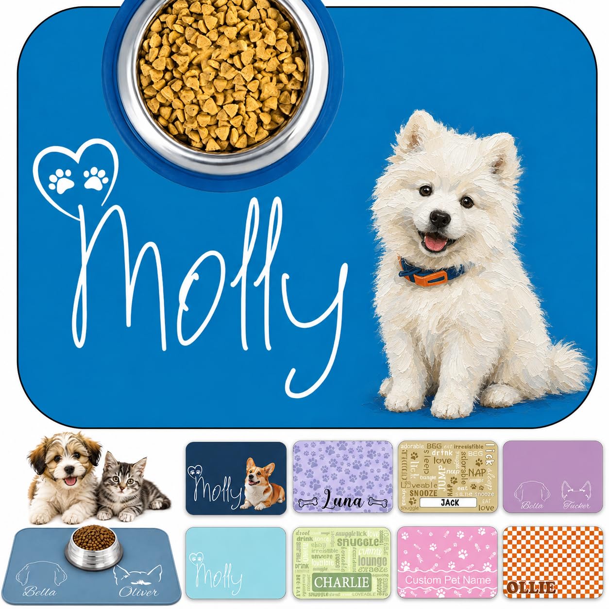 Personalized Dog Cat Food Mat Custom With Name Text Photo Oil-Painting Pet Placemat