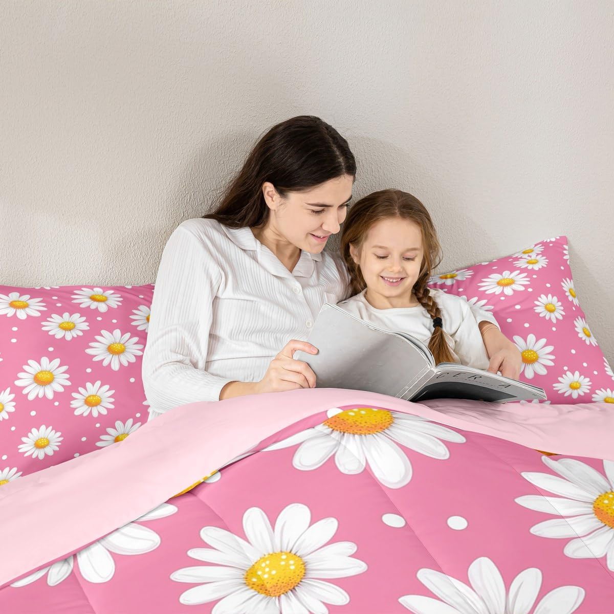 Feelyou Kids Cute Flower Duvet Insert Twin Size, Pink White Floral Comforter Set Boys Girls Spring Boho Bedding Set Kawaii Teens Bedroom Decor Microfiber Bed Set