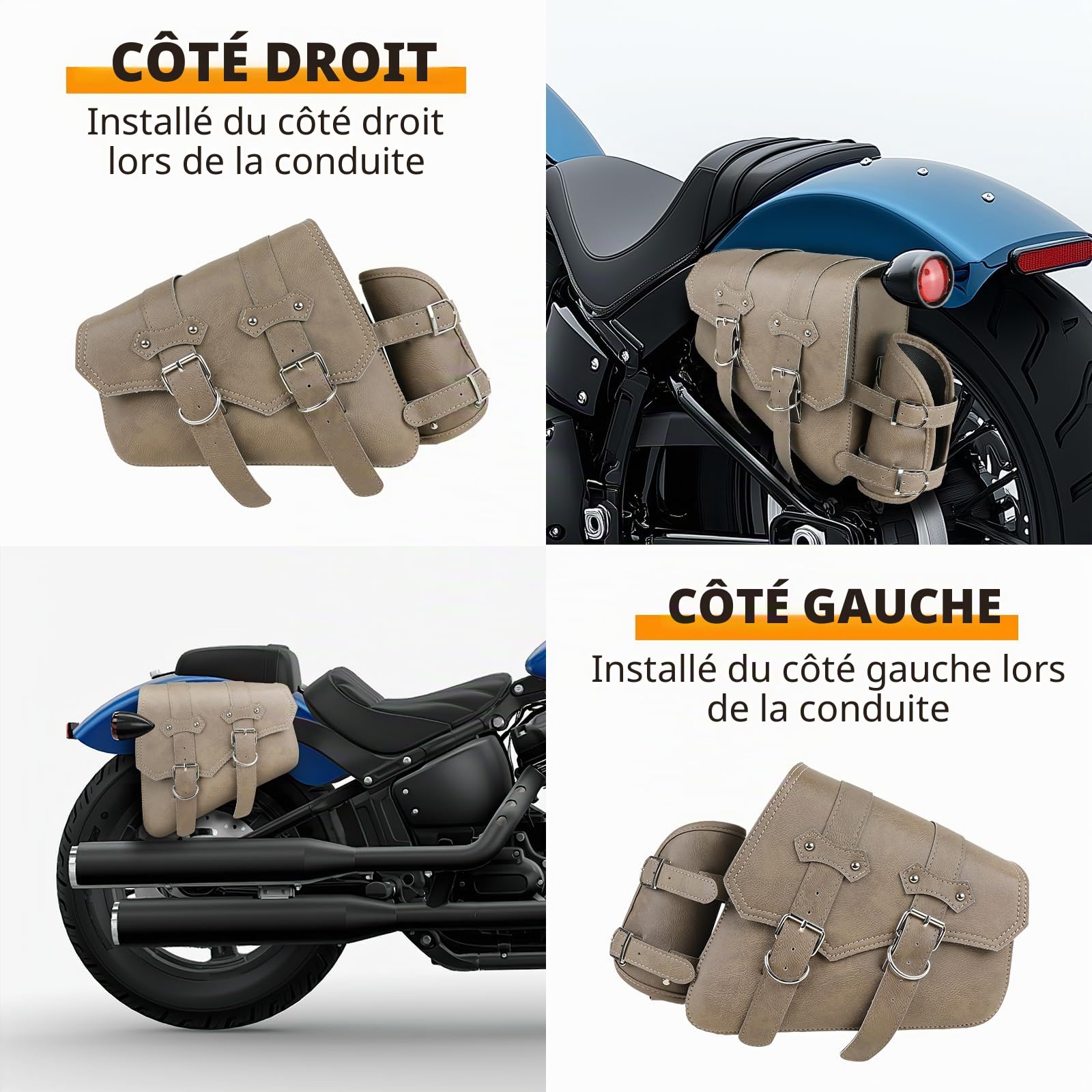 DREAMIZER Sacoche de Selle Moto Universel Cuir PU avec Poche pour Bouteille d'eau Accessoires de Moto Étanches Compatible avec Harley Honda Kawasaki Suzuki Yamaha