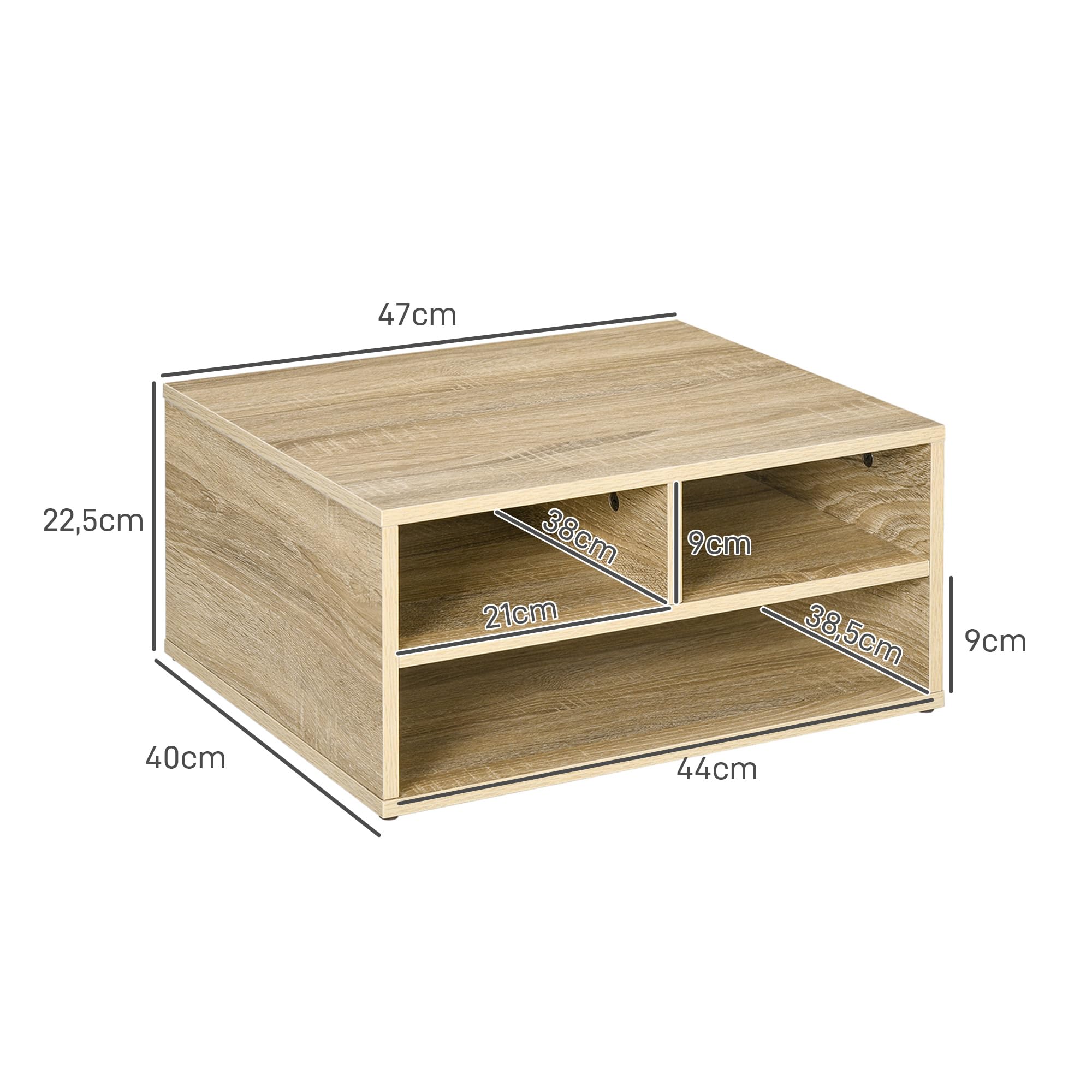 HOMCOM Supporto per stampante per scatola da ufficio, mobile da ufficio, con 3 scomparti, organizer da ufficio, 47 x 40 x 22,5 cm, effetto legno naturale