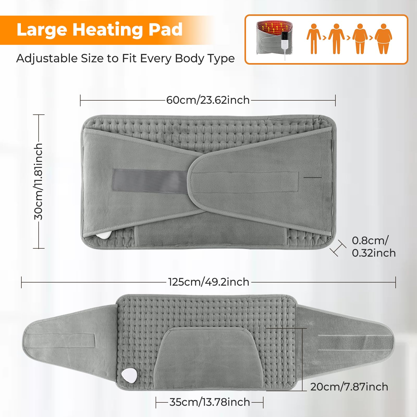 Souvik Coussin Chauffant Electrique avec Velcro, Ceinture Lombaire Chauffante Avec Poche, Pour Dos Cervicales Abdomen, Jambes, 10 température, 4 réglages de temporisation, Lavable en Machine, 125*30CM
