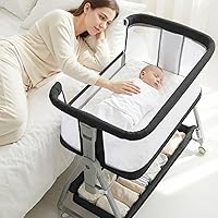 Vista 10 de Moisés de noche para bebé, resistente 3 en 1 con colchón y ruedas, altura ajustable, malla transpirable, cesta de almacenamiento, fácil de montar