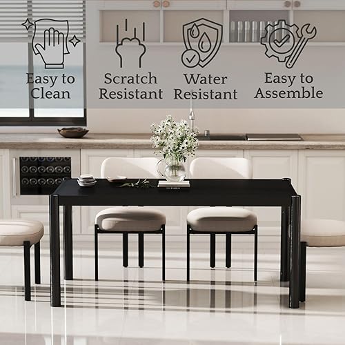 Miniatura 4 de LukeAlon Mesa de comedor de madera negra para 4 a 6 personas, mesa larga de cocina moderna de 64 pulgadas con patas de madera, mesas de comedor