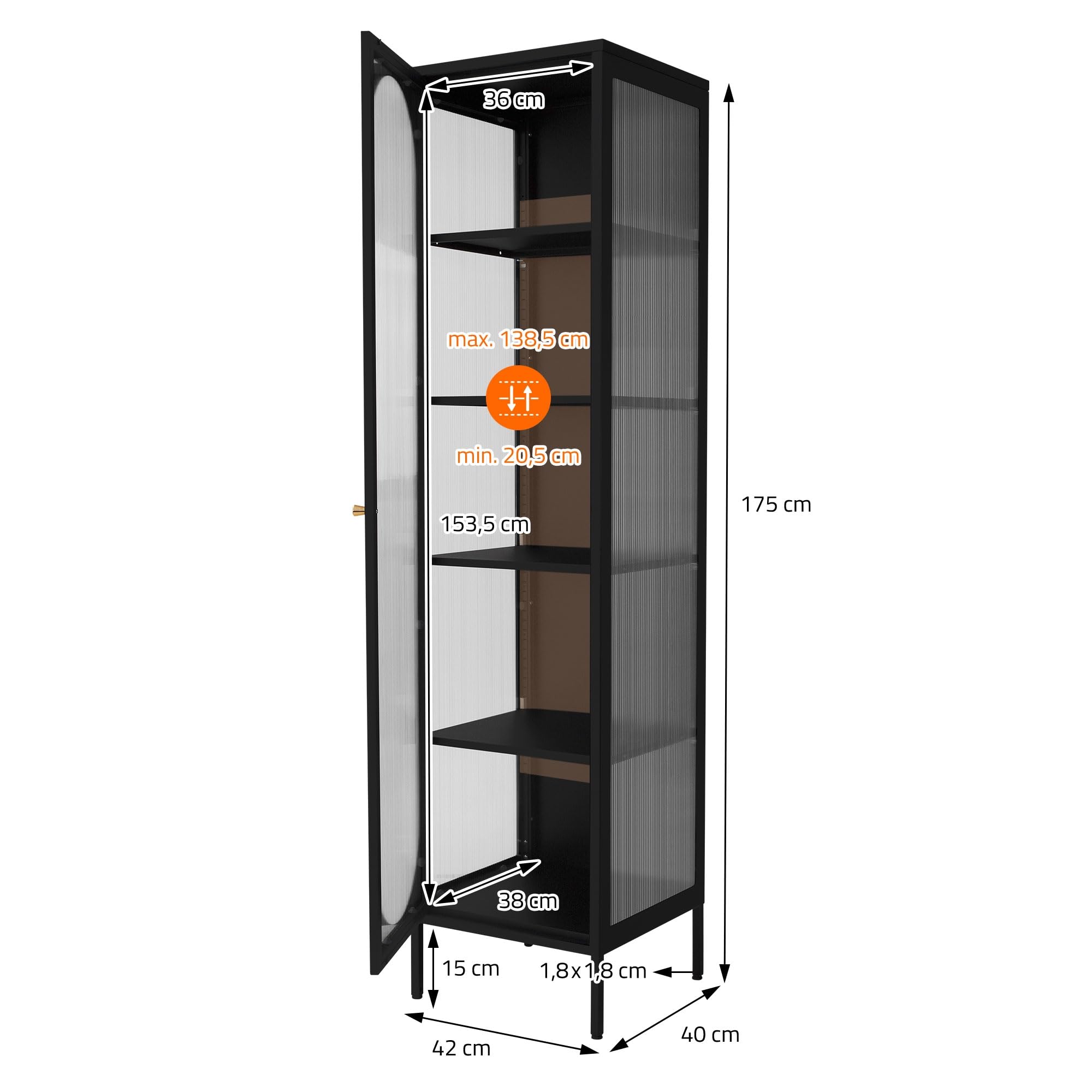 ML-Design gablota 42x175x40 cm czarna waska gablota z 5 pólkami i 1 drzwiami metalowa gablota do salonu wykonana ze stali styl industrialny wysoka gablota regal szafka na dokumenty szafka biurowa