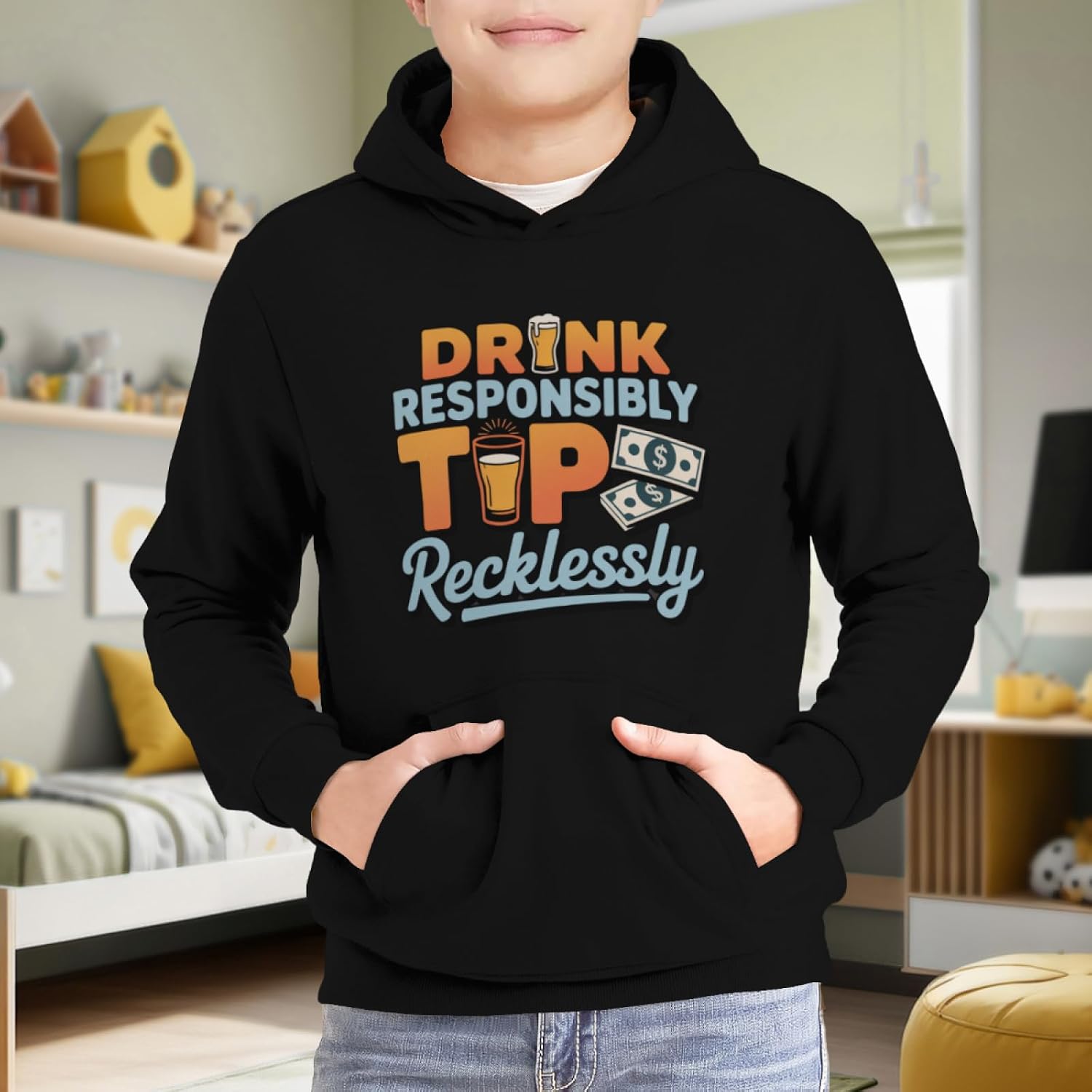 Kids Funny Drink Responsibly Bartender Barmaid Cocktail Boys Girls Lightweight Kangaroo Pocket Fleece Hoodies