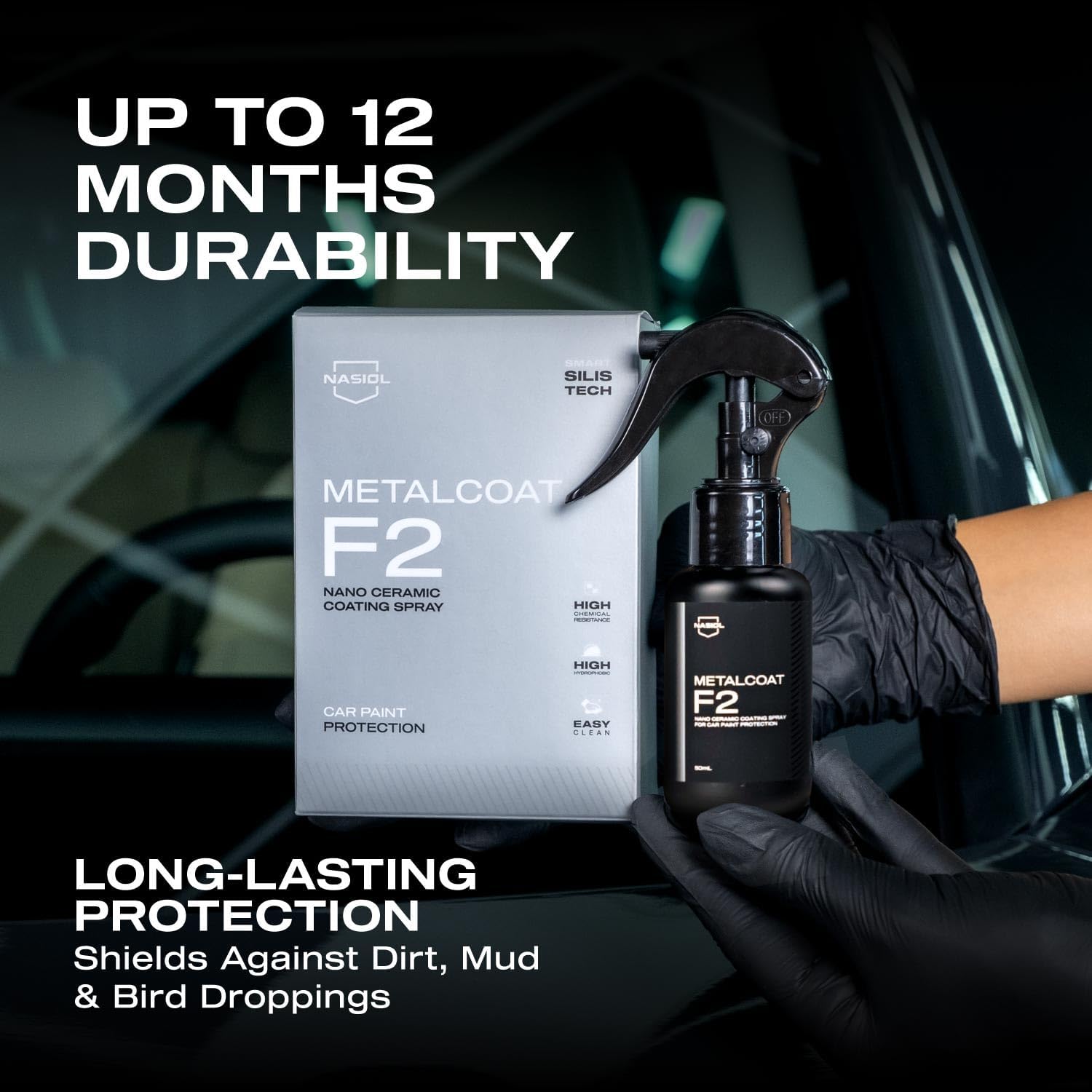 Nasiol MetalCoat F2 Spray Nano Ceramic Coating, Quick Auto Detailing Kit, 1 Year Paint Protection for Cars, Trucks, Motorcycles, Aircraft, Scratch Resistance with Hydrophobic Gloss Shine