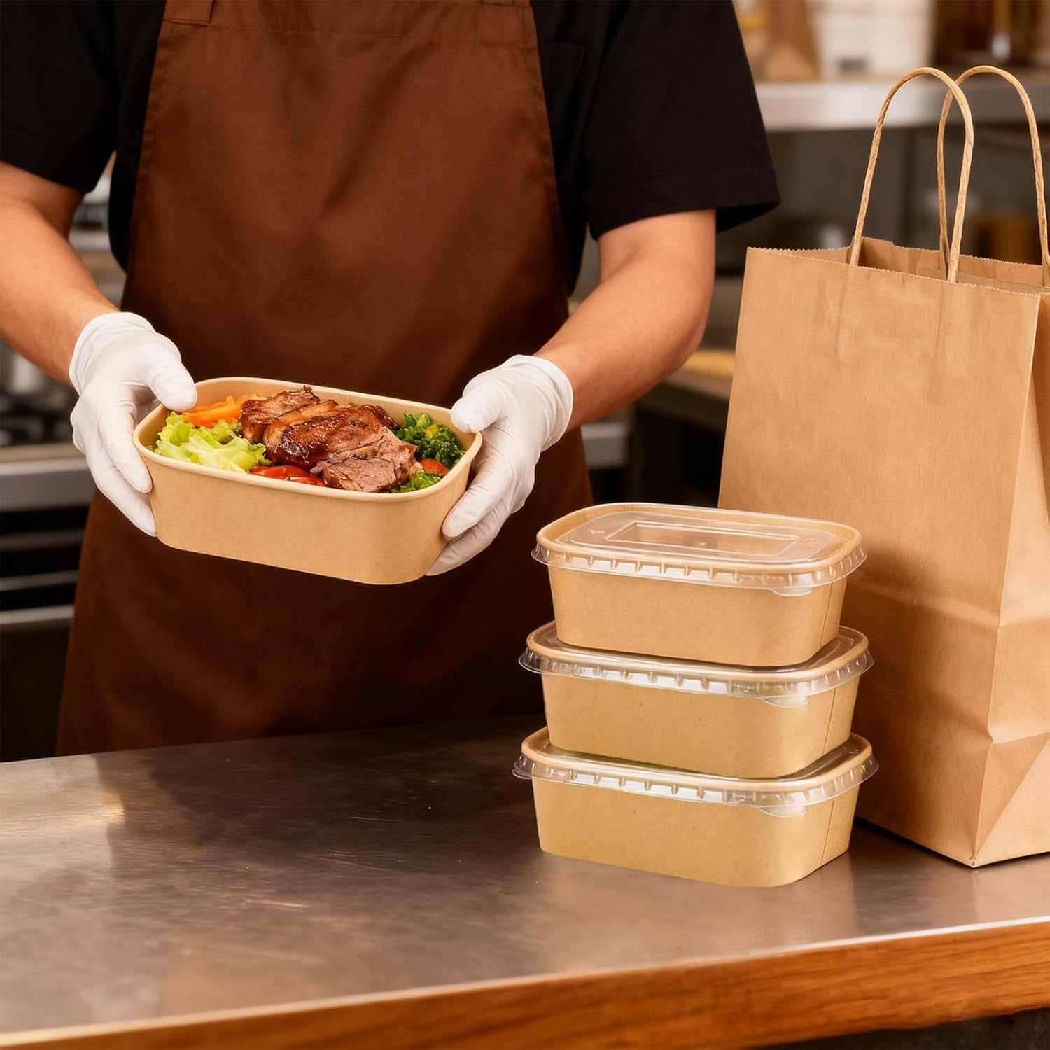 50 Pack 25 oz Disposable Kraft Paper Bowls with Lids, Rectangle Paper Food Containers, Meal Prep Containers for Hot/Cold Food, Soup, Takeout, Microwave Safe, Party Supplies Treat Bowls