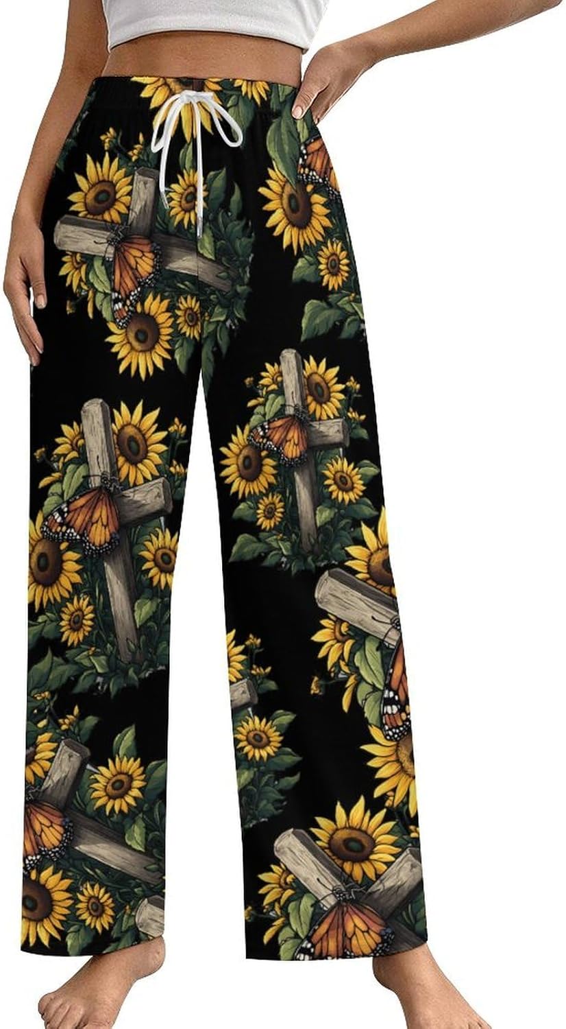 Butterfly Sunflower Crosss God Christian Women's Pajama Pants Soft Lounge Pants Bottoms Pjs Trousers Casual Yoga Pant