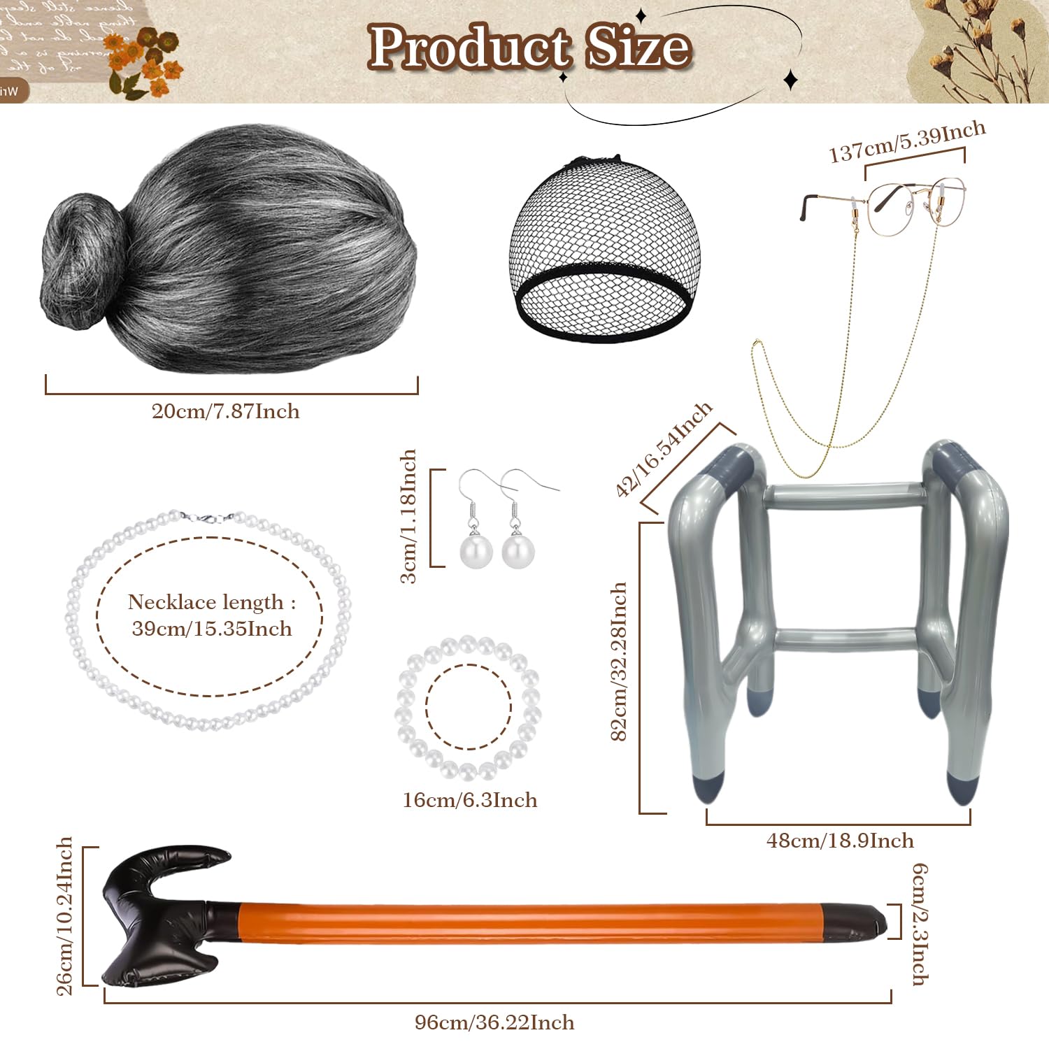 9 Stück Oma Kostüm Rentner Kostüm Perücke Grau Brillenketten Perlenohrringe Armbänder Halsketten Spazierstöcke Haarnetze Aufblasbarer Gehhilfe für Rollenspiel Halloween Karneval