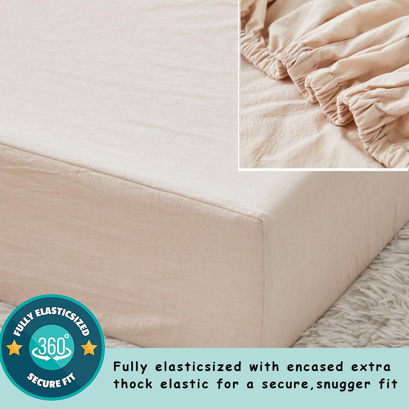 Brandream Juego de ropa de cama beige de 3 piezas para cuna para niñas o niños, sábana de cuna, falda con volantes antipolvo, 100% algodón lavado como lino, súper suave, diseño clásico acolchado a