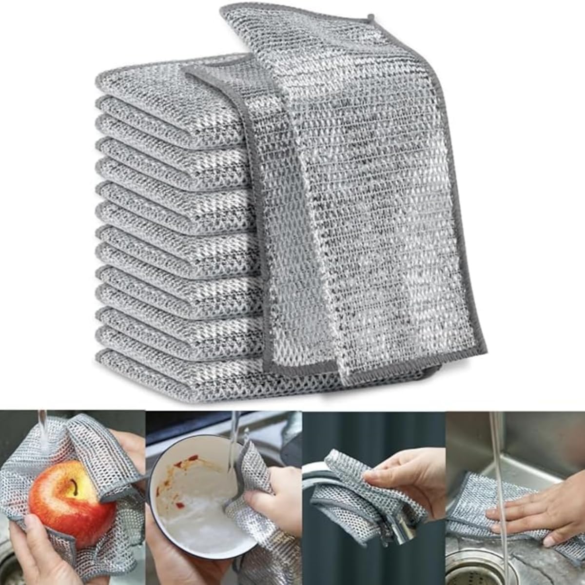 Xisnuient Non-Scratch Upgrade Silver Wire Dishcloth Multipurpose Wire Dishwashing Rags For Wet And Dry Wire Cleaning Cloth Wire Dish Towels For Bathroom Kitchen Sinks Pots Pans (15,20x20cm)