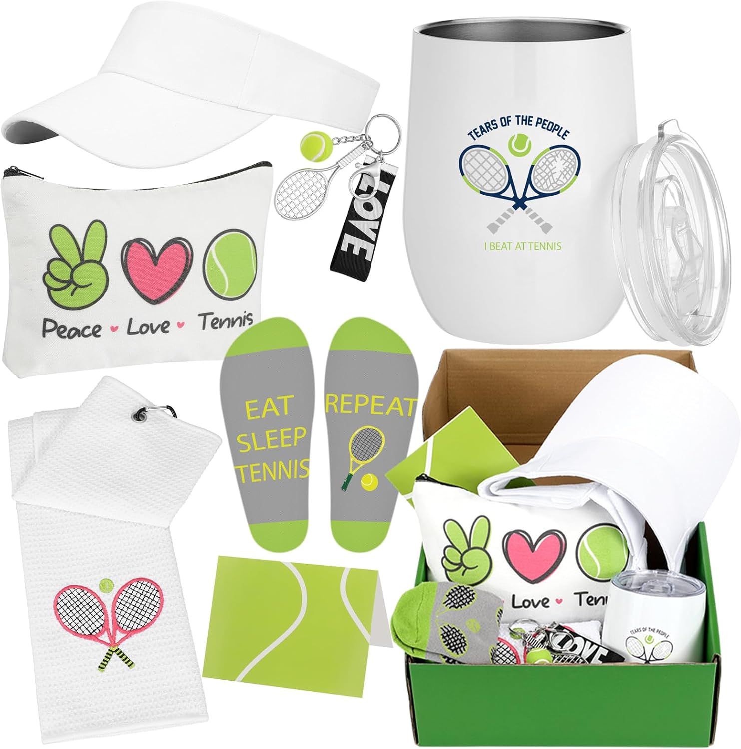 Geiserailie 7 Pcs Women's Tennis Gift Set Including Adjustable Sports Sun Hat Tumbler Cup Cosmetic Bag Tennis Keychain Socks Towel for Women Sport Gift