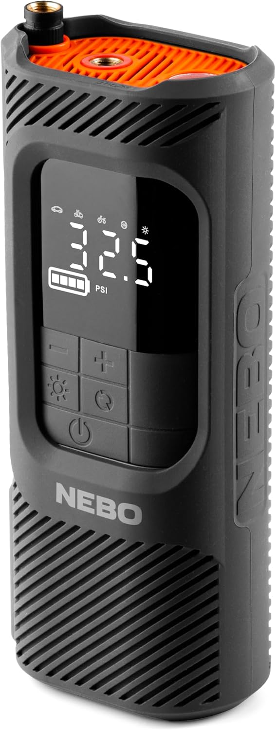 NEBO Assist Mini Air Compressor | 150 PSI Portable Tire Inflator with USB-C Power Bank, Cordless Pump with Auto Shut-Off, Digital Gauge, Rechargeable, LED Light for Car Tire, Balls, and Inflatables