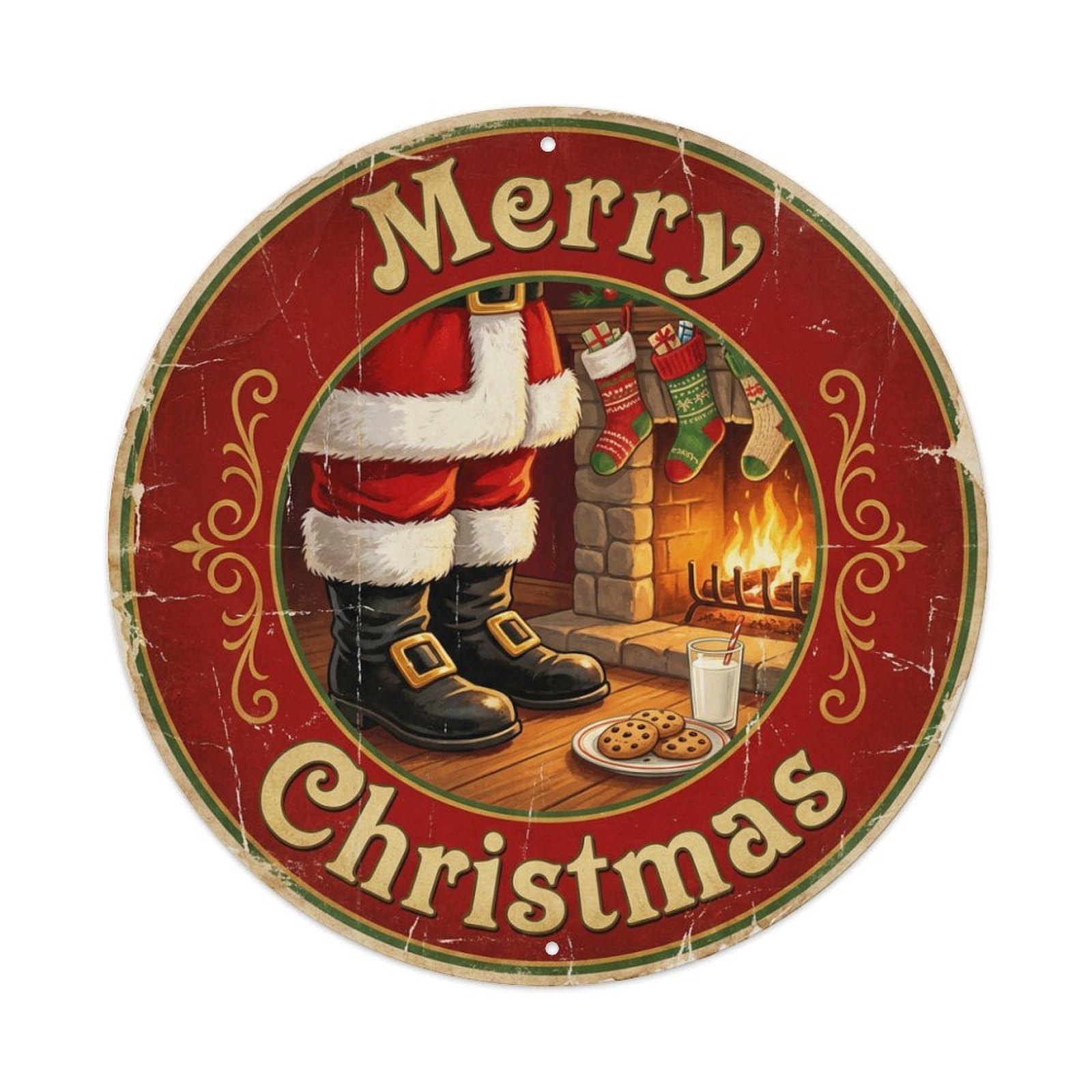 Merry Christmas Santa Boots Fireplace Metal Tin Sign
