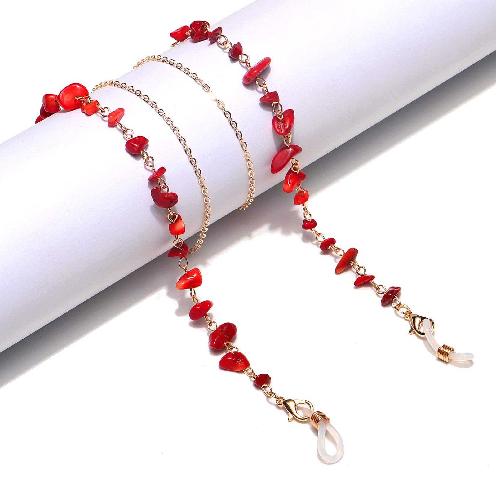 Cadena de Gafas, Cadena de Gafas para Mujeres, Retenedores Naturales de Gafas de Piedra roja Cadenas de Lentes Hechas a Mano Cadena de Soporte de Gafas de Sol for Mujeres(Gold)