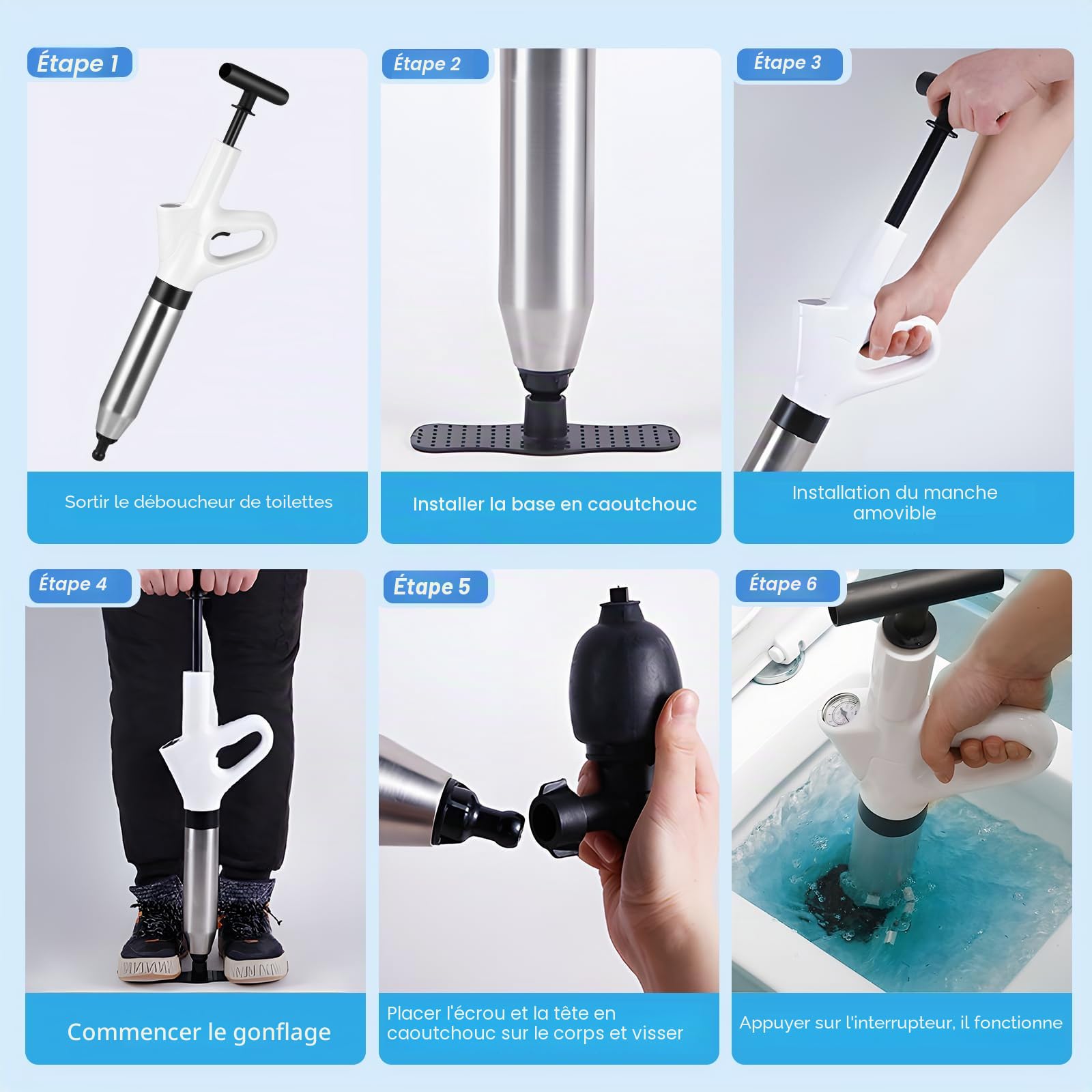 Deboucheur WC, 4 in 1 Déboucheur à Pompe Haute Pression Déboucheur Piston Toilette Puissant Air Comprimé avec Têtes Remplaçables et Baromètre pour Déboucher les Évier Lavabo Baignoire Drain de Sol