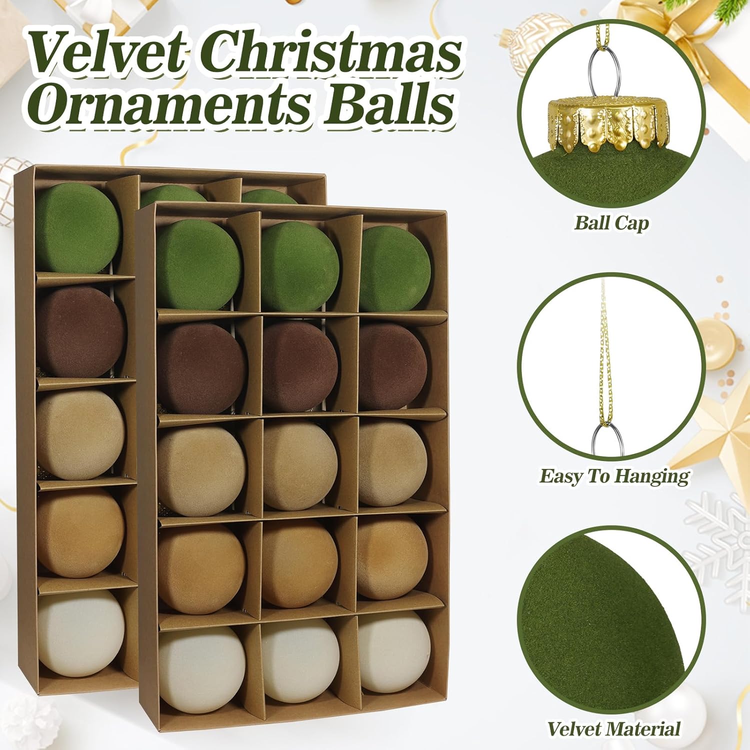 Condition photo showing New/Like New for 30 Pcs Velvet Christmas Ball Ornaments, 3.15 Inch Christmas Tree Ball Ornaments Flocked Plastic Balls Xmas Hanging Decorations for Tree Holiday Party (Brown, Green, Khaki, Beige, 3.15 Inch) 3.15 Inch Brown, Green, Khaki, Beige