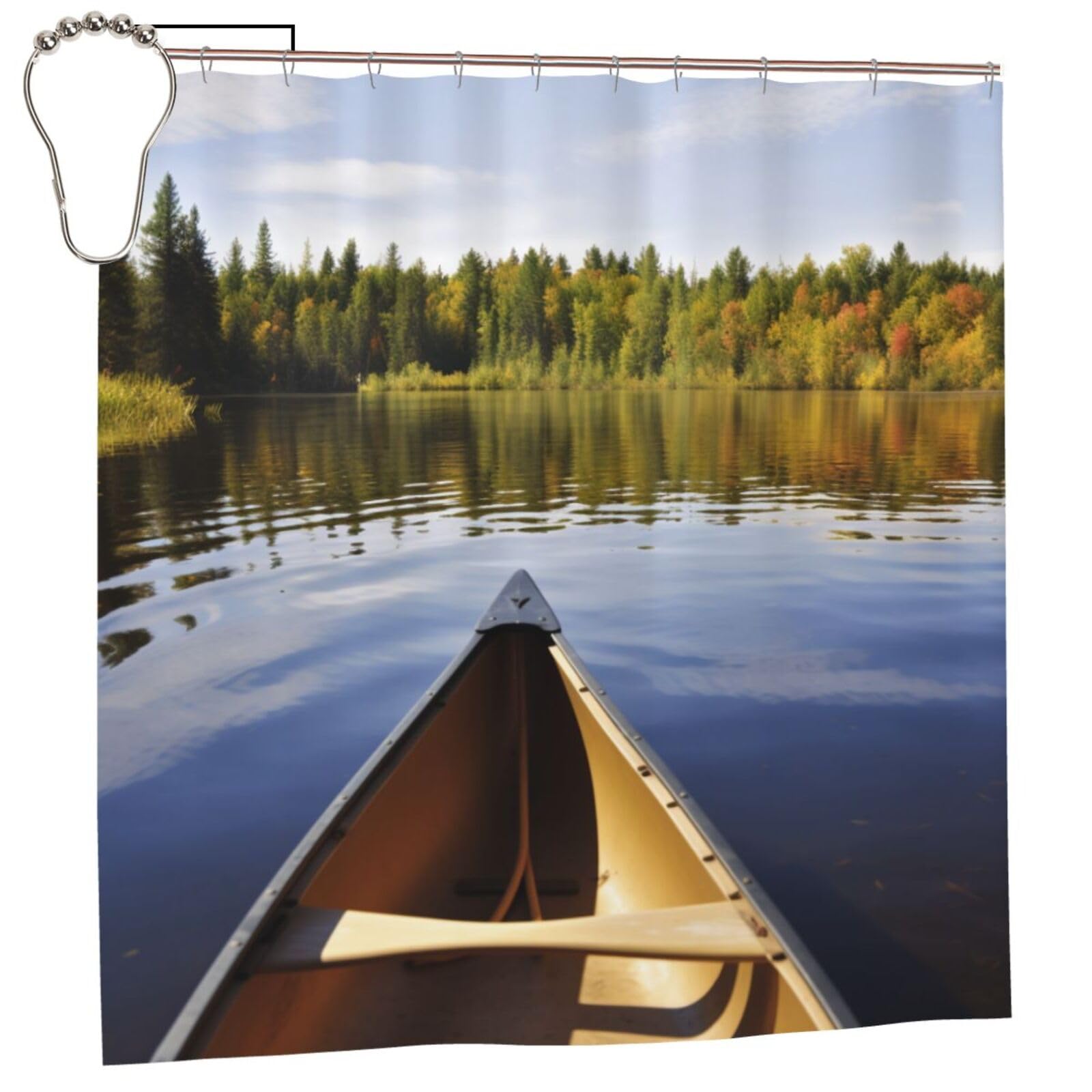 BWWHCCTI Canoe on Lake Printed Shower Curtain With 12 Iron Hooks Opaque Quick Drying Waterproof Shower Curtains Sets For Bathroom 183x183 CM
