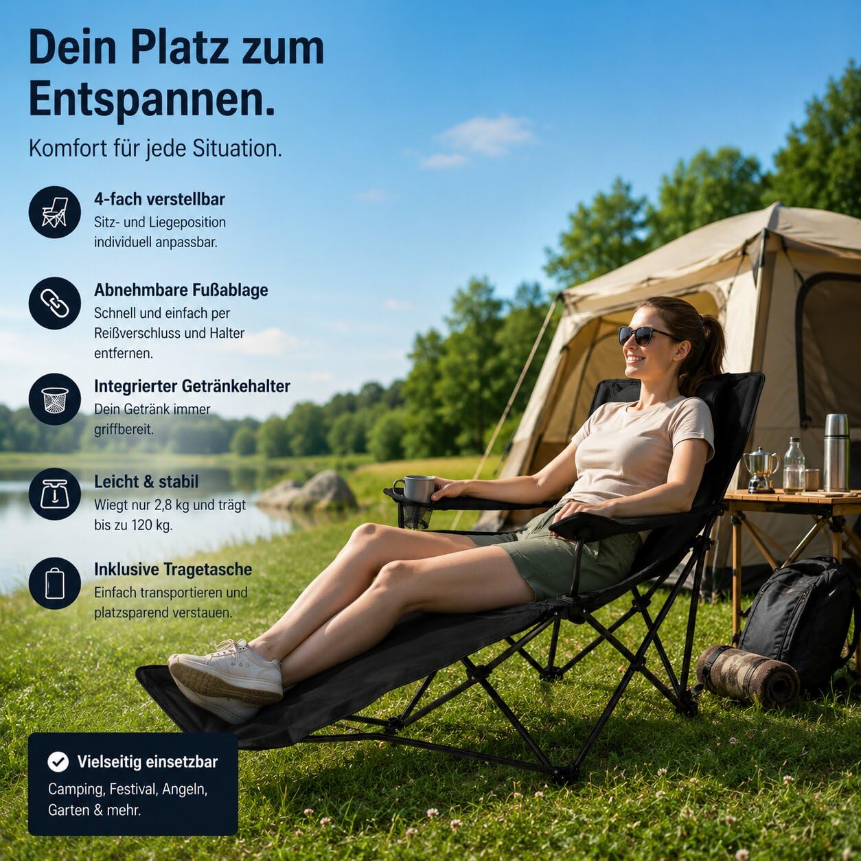 Verstellbarer Campingstuhl mit Fußablage Campingstuhl faltbar bis 130 kg | Outdoor Relaxsessel mit Hoher Rückenlehne, Getränkehalter & Tragetasche - Faltbarer Campingstuhl mit Beinauflage für Camping