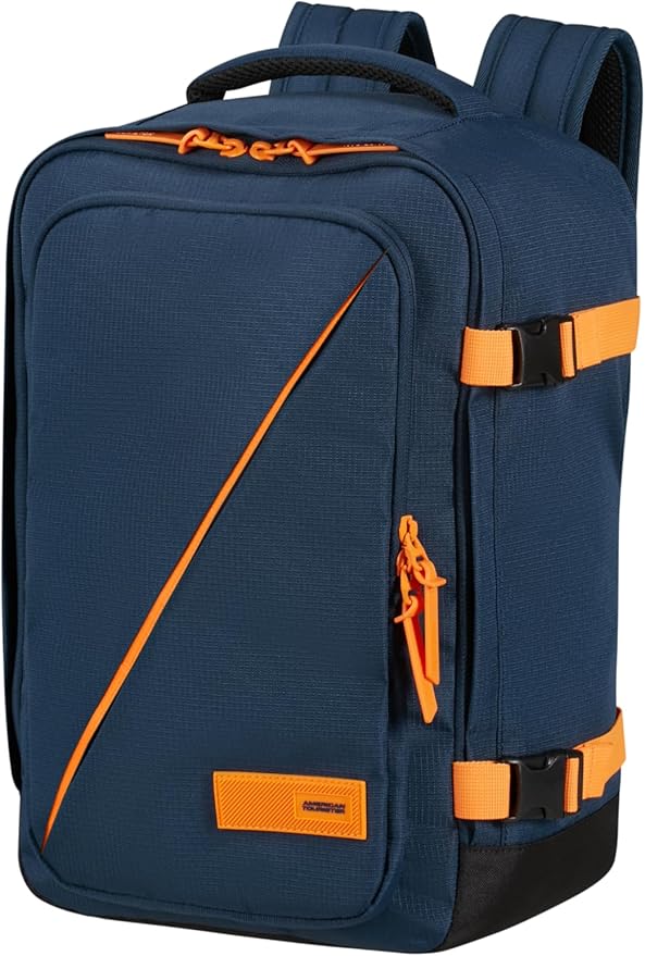 American Tourister Take2Cabin, bolsa de cabina Ryanair 25 x 20 x 40 cm, 24 L, 0,50 kg, equipaje de mano, mochila de avión en forma de subasiento, azul/naranja (azul marino oscuro/naranja radiante) oferta Amazon