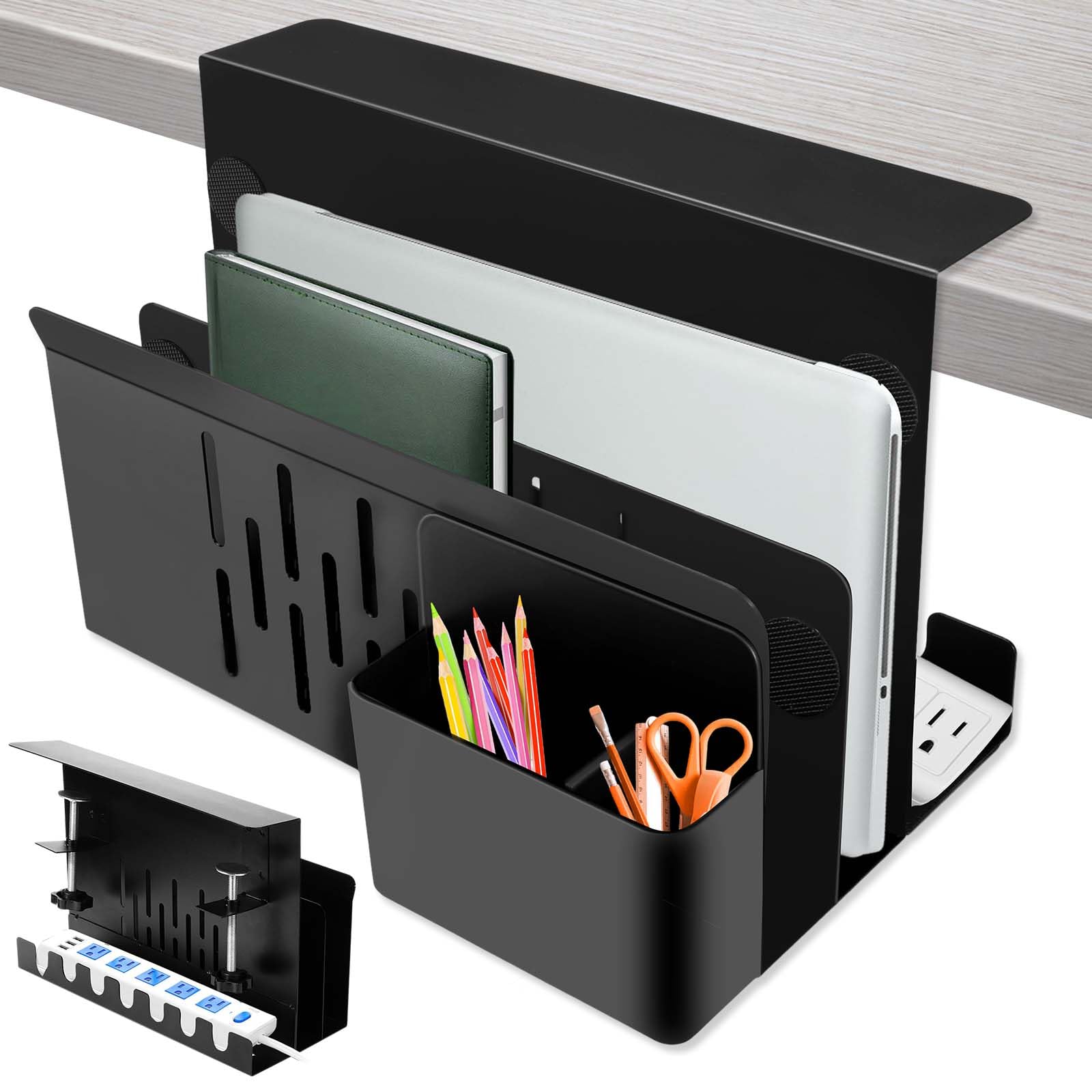 Mity rain Desk Side Storage, No Drill Cable Management Under Desk, Under Desk Laptop Mount, Side Desk Laptop Holder Magnetic Pen Holder File Holder Desk Organization for Office and Home, black