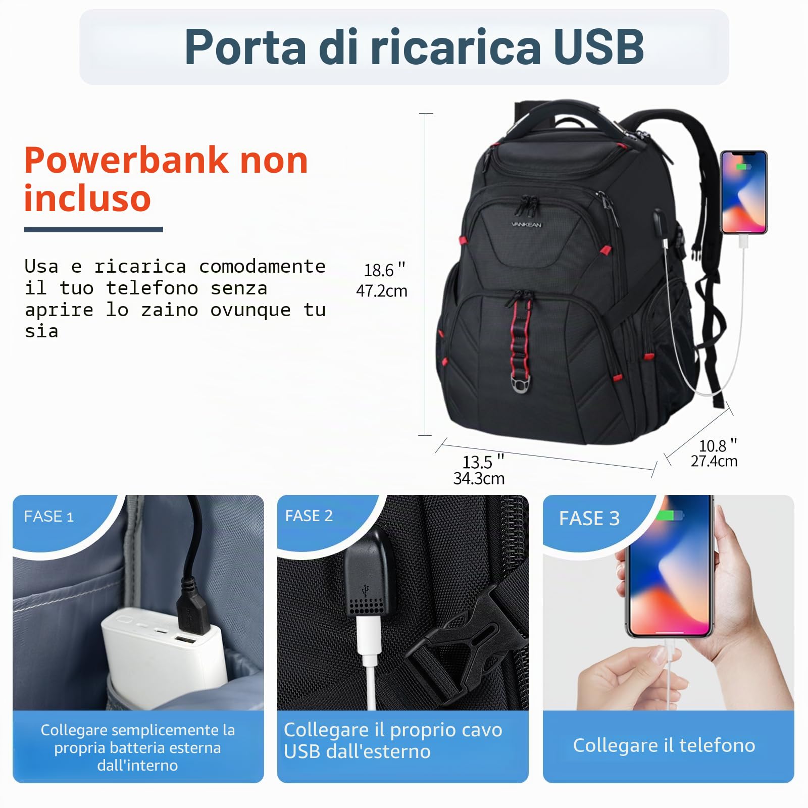 VANKEAN Zaino da viaggio per laptop da 17,3 ''