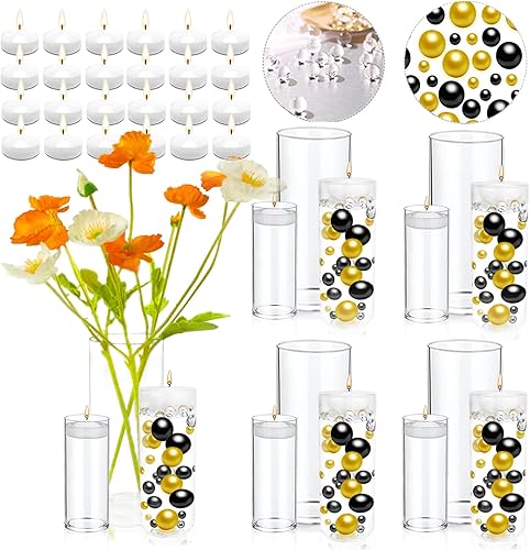 Juego de 12 portavelas de huracán, jarrones cilíndricos de vidrio para centros de mesa con 60000 cuentas de agua, 300 perlas sin agujero, 24 velas