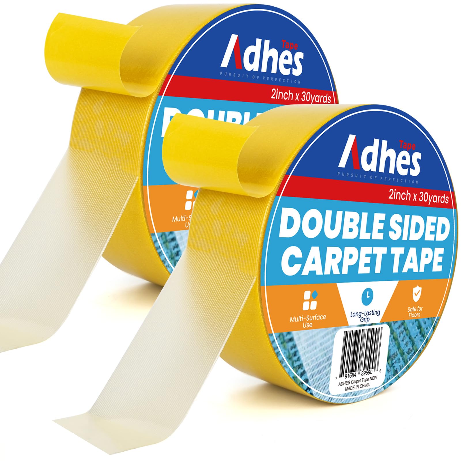 ADHES Double Sided Carpet Tape for Area Rugs – 2 Inch x 30 Yards x 2 Rolls, Heavy Duty Adhesive, Residue-Free, Rug Grippers for Hardwood Floors, Tile,