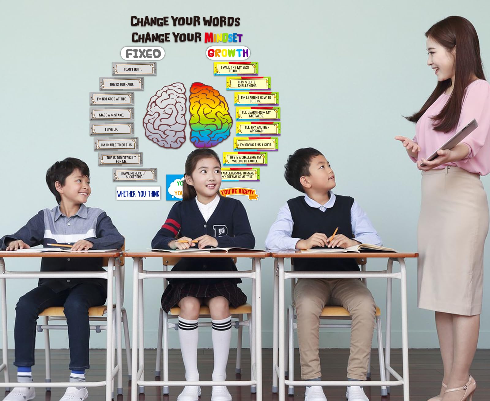 28-teiliges Pinnwand-Set 'Growth Mindset' | Für Klassenzimmer-Dekoration | Mit Klebepunkten