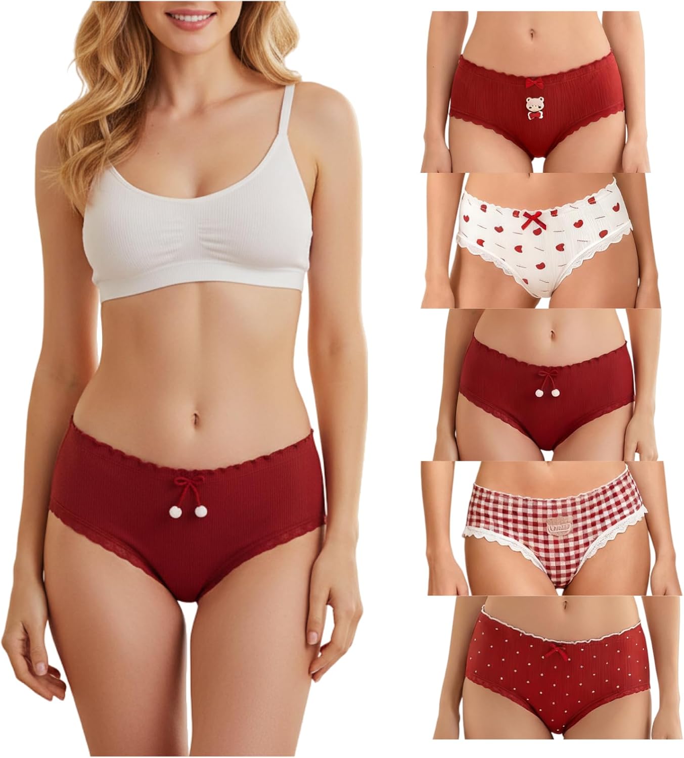 Cute Cotton Womens Underwear for Women 5 Packs Panties Kawaii Ruffled Lace Plaid Bear Polka Dots