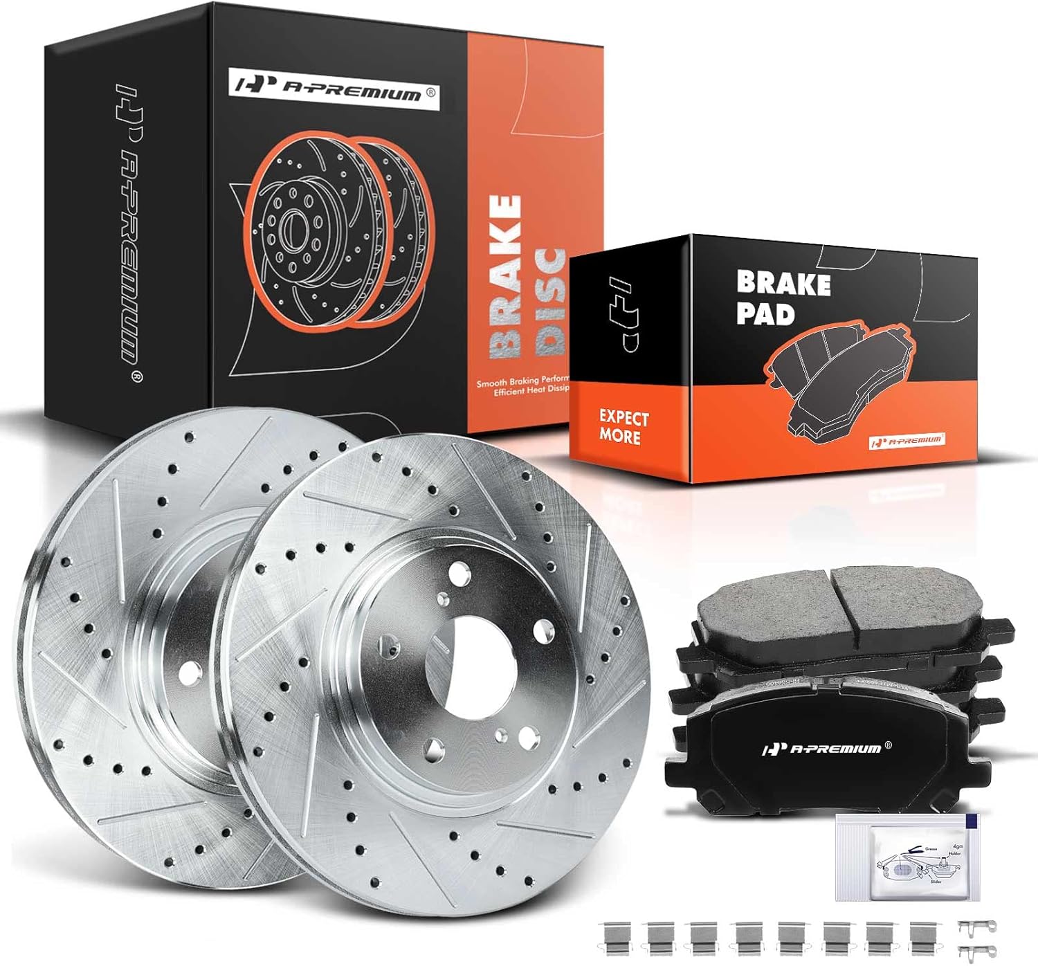 A-Premium 12.56 inch (319mm) Front Drilled and Slotted Disc Brake Rotors + Ceramic Pads Kit Compatible with Select Toyota Models - Highlander 2001 2002 2003 2004 2005 2006 2007, 6-PC Set