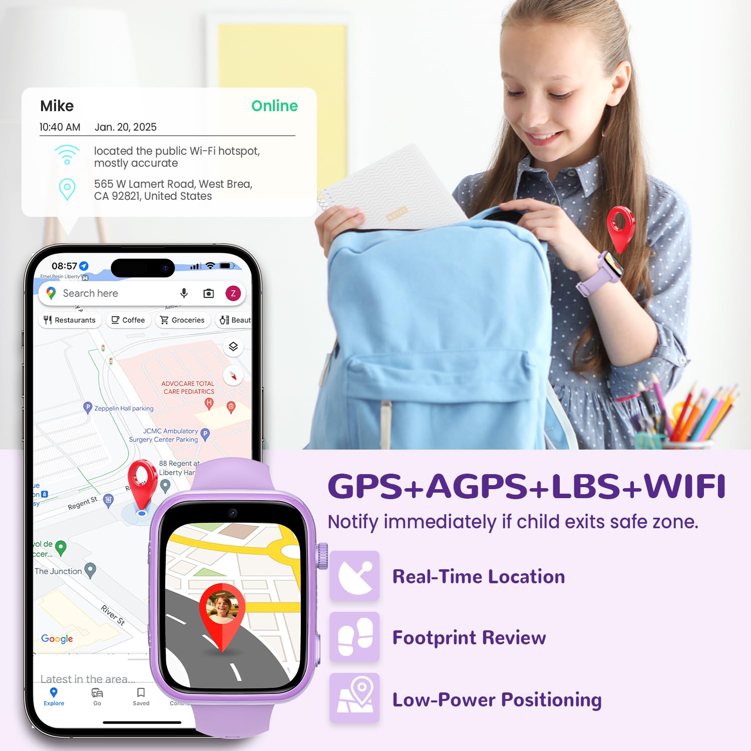 4G Smartwatch Bambini con Chiamate, Videochiamate, Chat Vocale, WiFi, GPS, SOS, SMS, Impermeabile IP68, modalità Scuola e Contapassi, Schermo HD da 1.83'' Viola