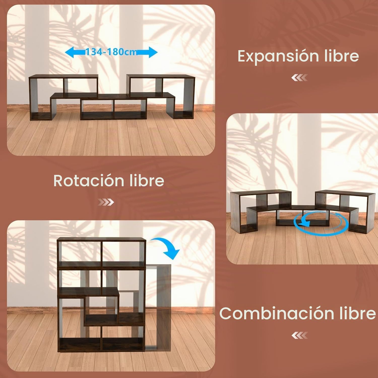 GIANTEX Mueble de TV Combinado Libre con Estantes Abiertos, para TV hasta 65 Pulgadas, Soporte de TV Multifuncional de Madera, para Salón, Dormitorio, 134-180x30x43 cm (Marrón, 3 Piezas)