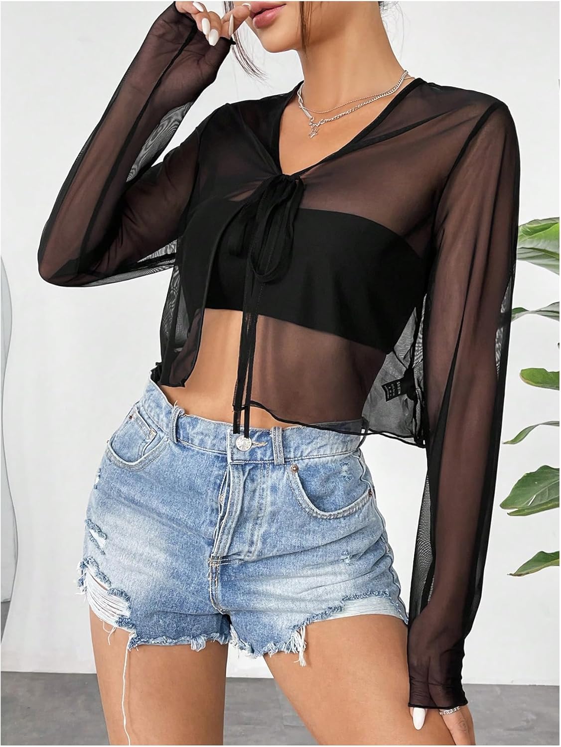 OYOANGLE Women's Sheer Long Sleeve Tie Front Cardigan Lightweight V Neck See Through Mesh Crop Tops - Image 3