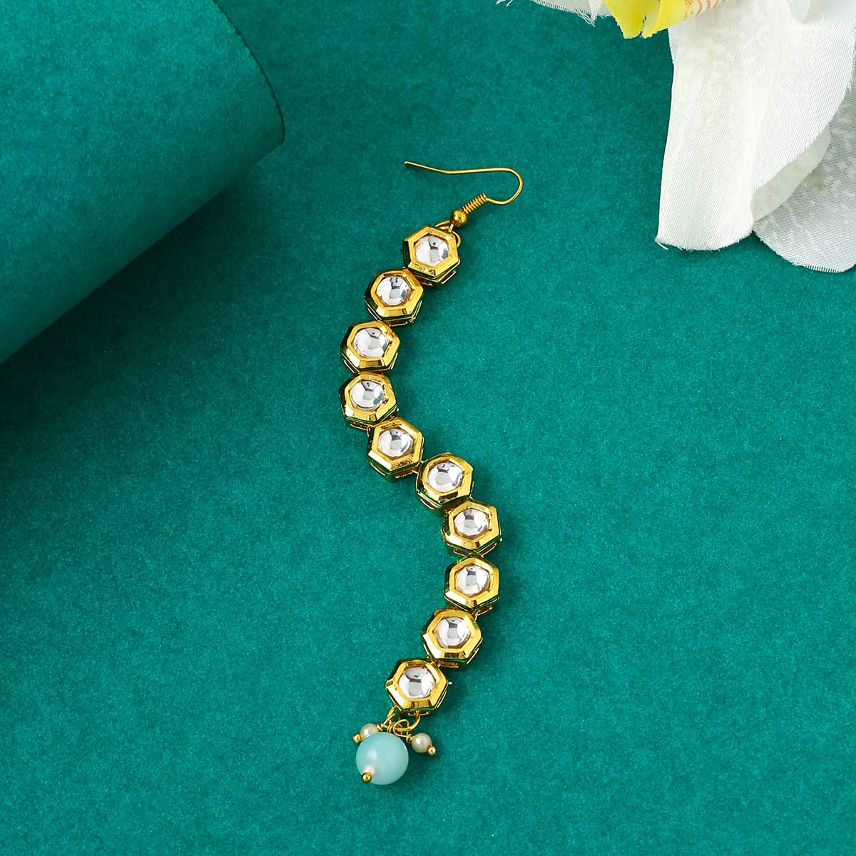 Toned Kundan Studded Single Line Pearl Drop Maangtikka
