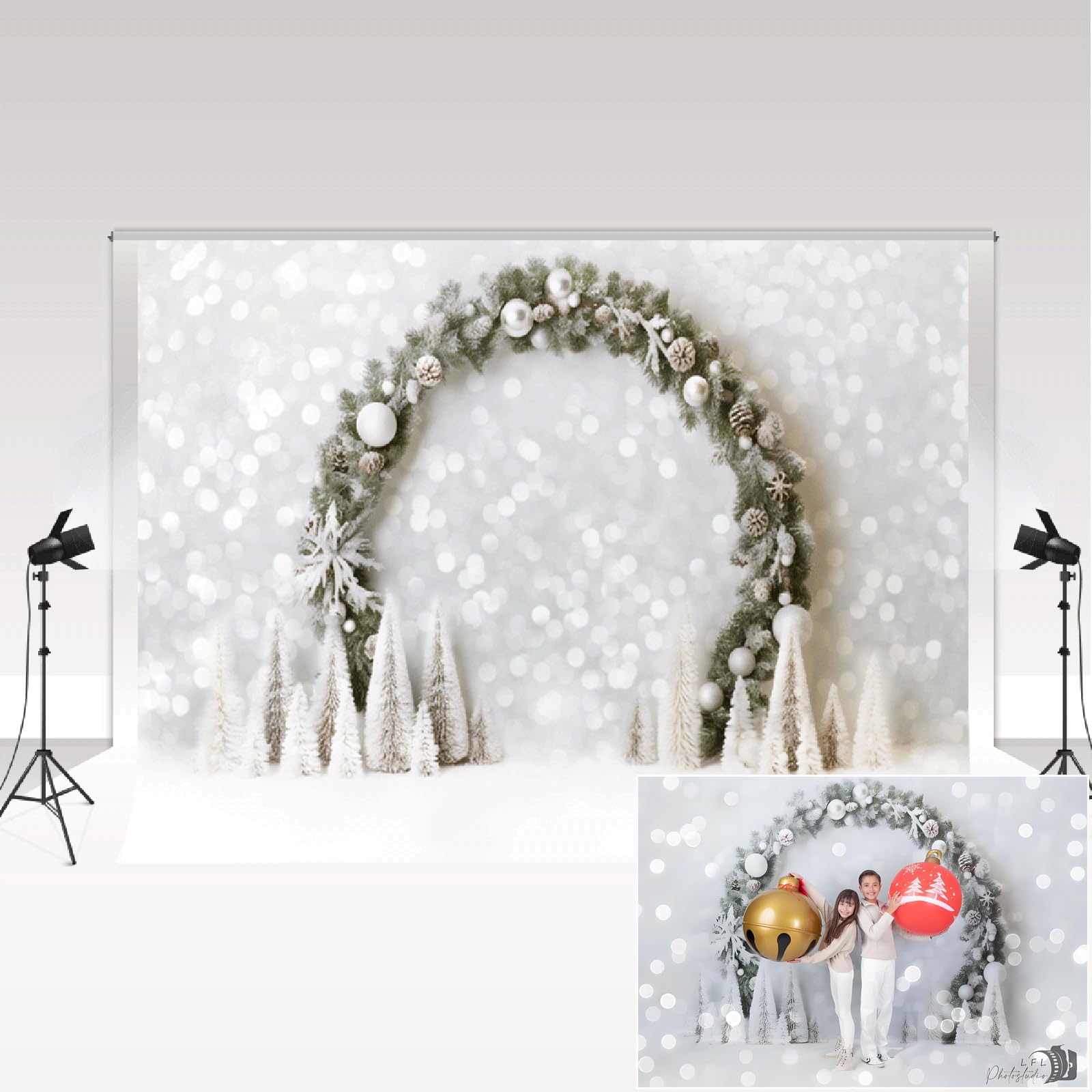 Kate Fond de Photographie de Noël 2,5 x 2,5 m/8 x 8 Pieds Hiver Blanc Noël Neige Vert Arc Bokeh Néon Toile de Fond pour Accessoires de Photographie Portrait d'enfant Photocall
