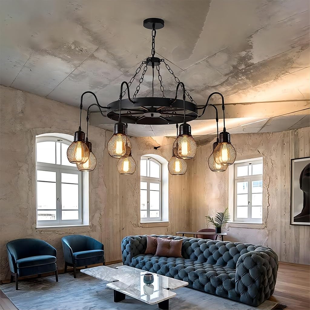 RuiRfh Chandelier Retro Dining Room E27 Large Wagon Wheel Pendant Light 8 Lights Farmhouse Iron Hanging Lamp Antique Round Metal Lights Rustic Ceiling Lamps Bedroom Living Room Foyer Corridor Black Fi