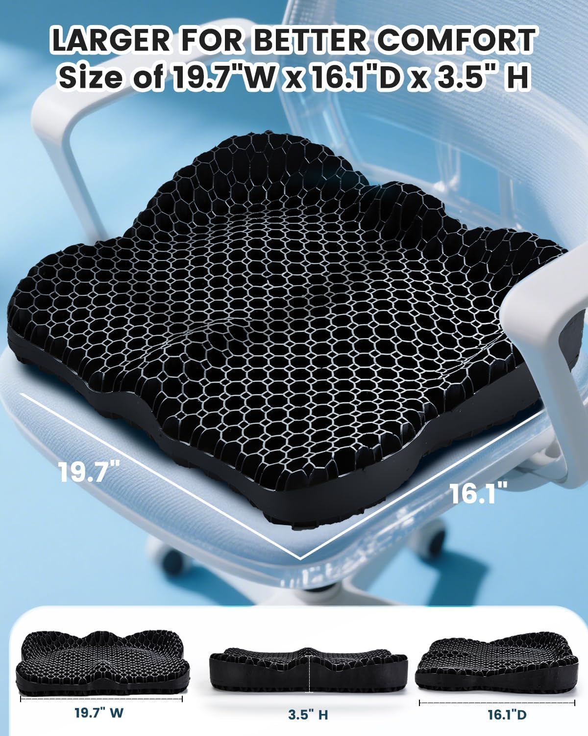 Cojín de gel para asiento de oficina o silla de ruedas, transpirable, suave, de panal de abeja, 19.5 x 16.1 pulgadas, cojín para silla de huevo, apoyo lumbar, alivio de presión, cojín de