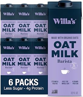 Willa's Organic Barista Oat Milk - Barista Blend Unsweetened Oatmilk and Creamer, Non-GMO, Shelf Stable, Low Sugar, Non-Dairy Milk, Made from Whole Grain Oats, For Foams and Froth, 32oz, Pack of 6