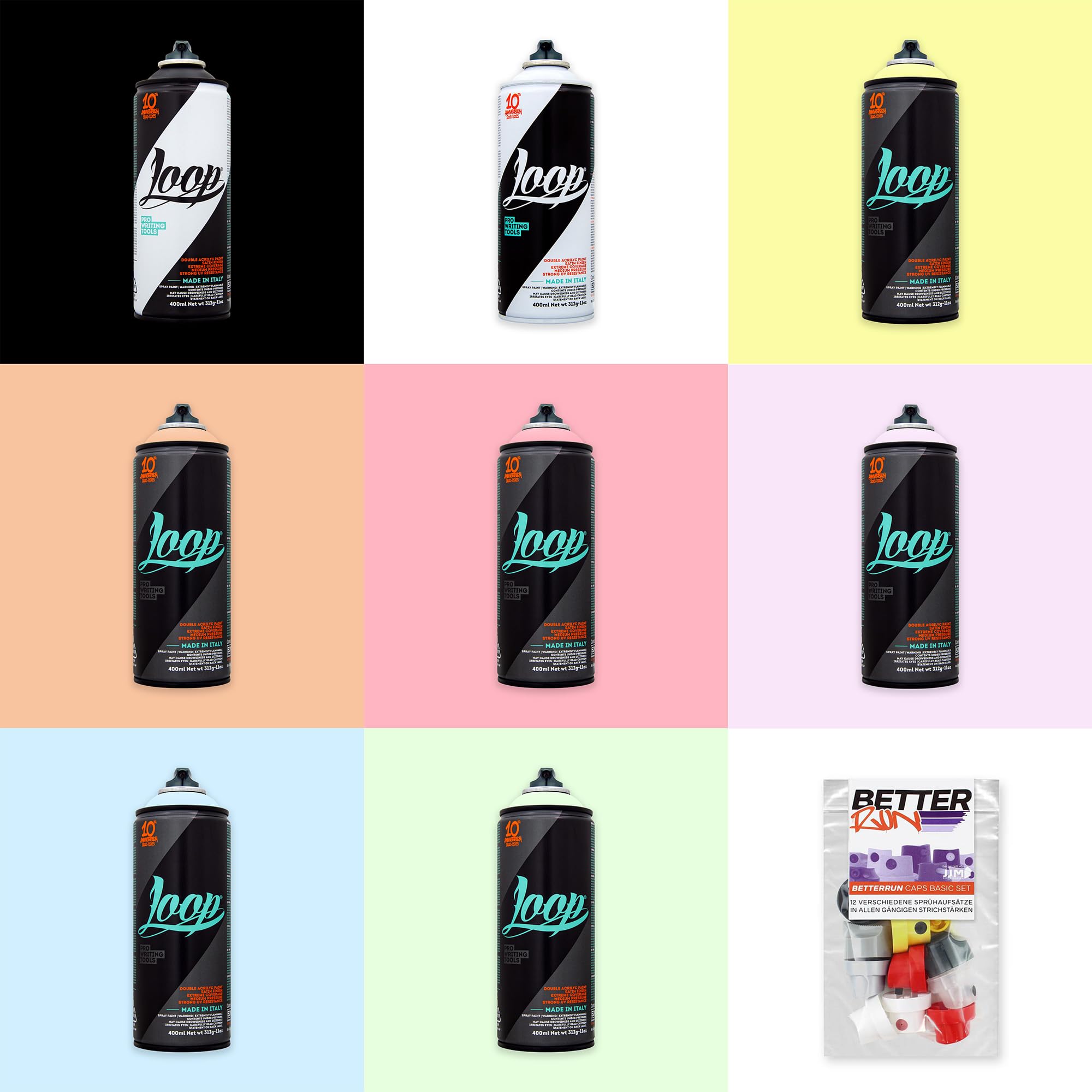 Betterrun LOOP Sprühdosen Pastell Set - 8 x 400ml Acryllack + 10x Sprühaufsätze