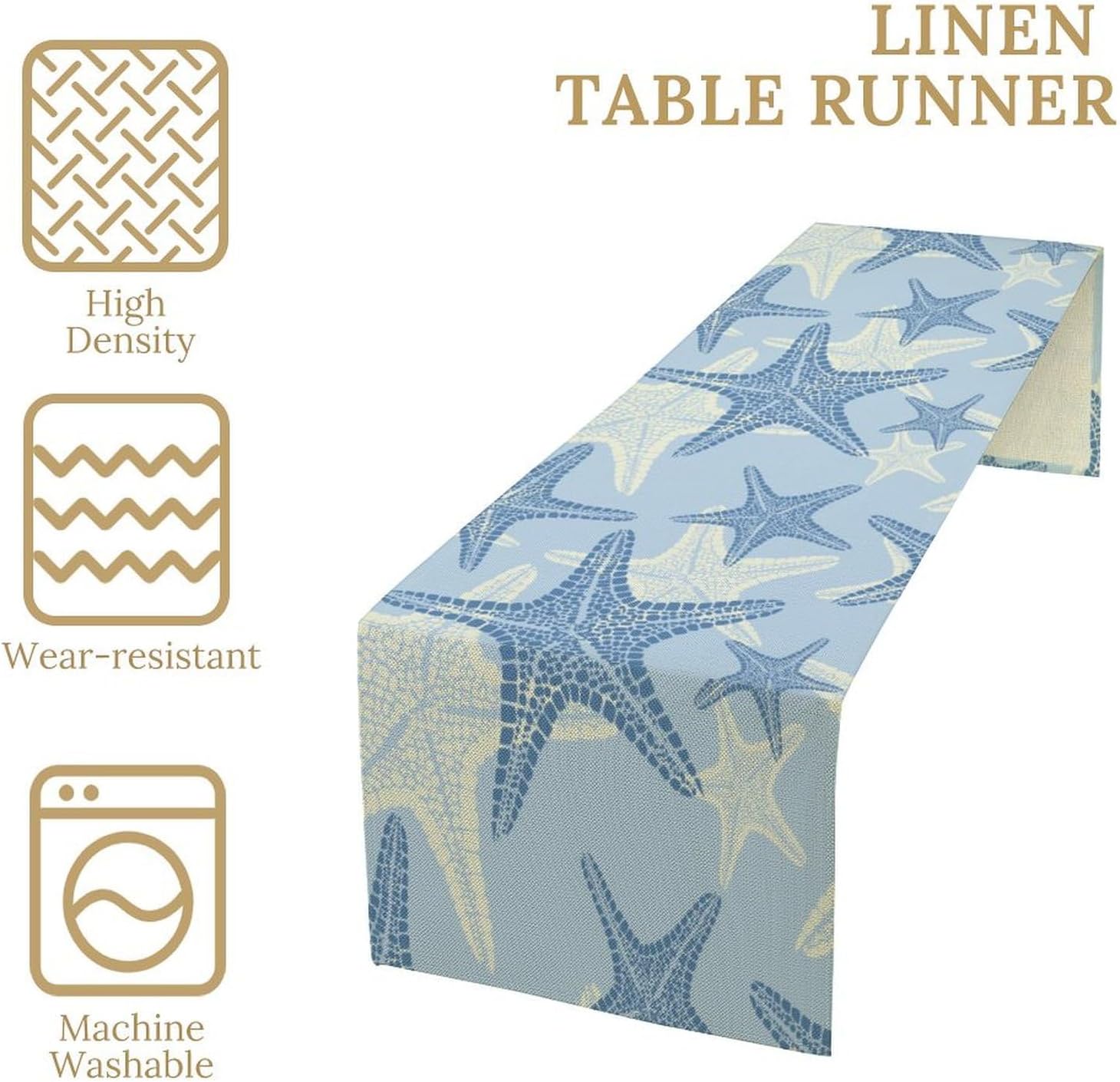 Blue Sea Starfish Summer Table Runner, Seasonal Spring Beach Theme Ocean Kitchen Dining Table Decoration for Home Holiday Party Decor 13"x120"
