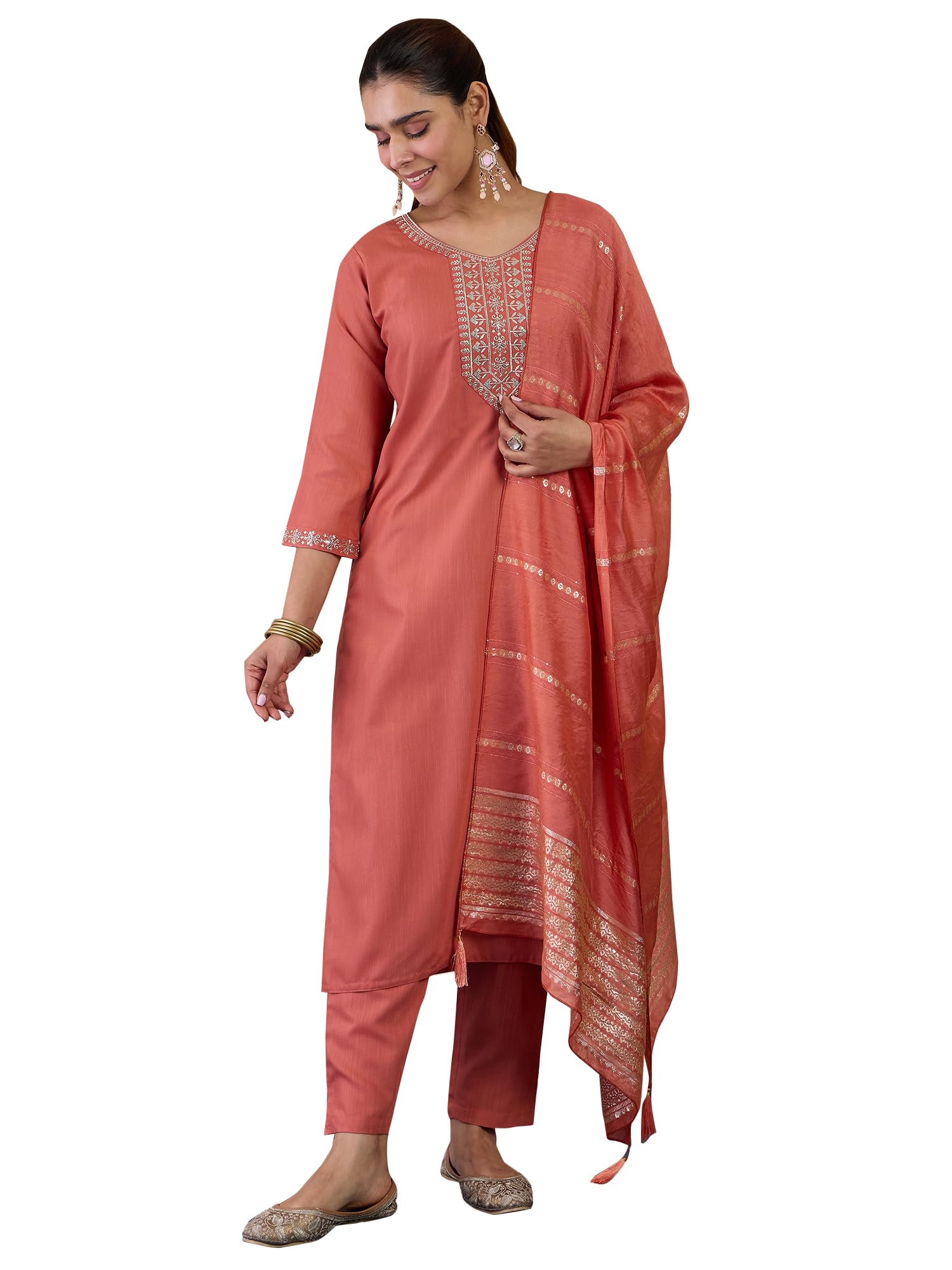 Women's Embroidered Cotton Straight Kurta with Pant & Dupatta Set | Round Neck Below Kneee Ethnic Kurta Set for Women-picture-14