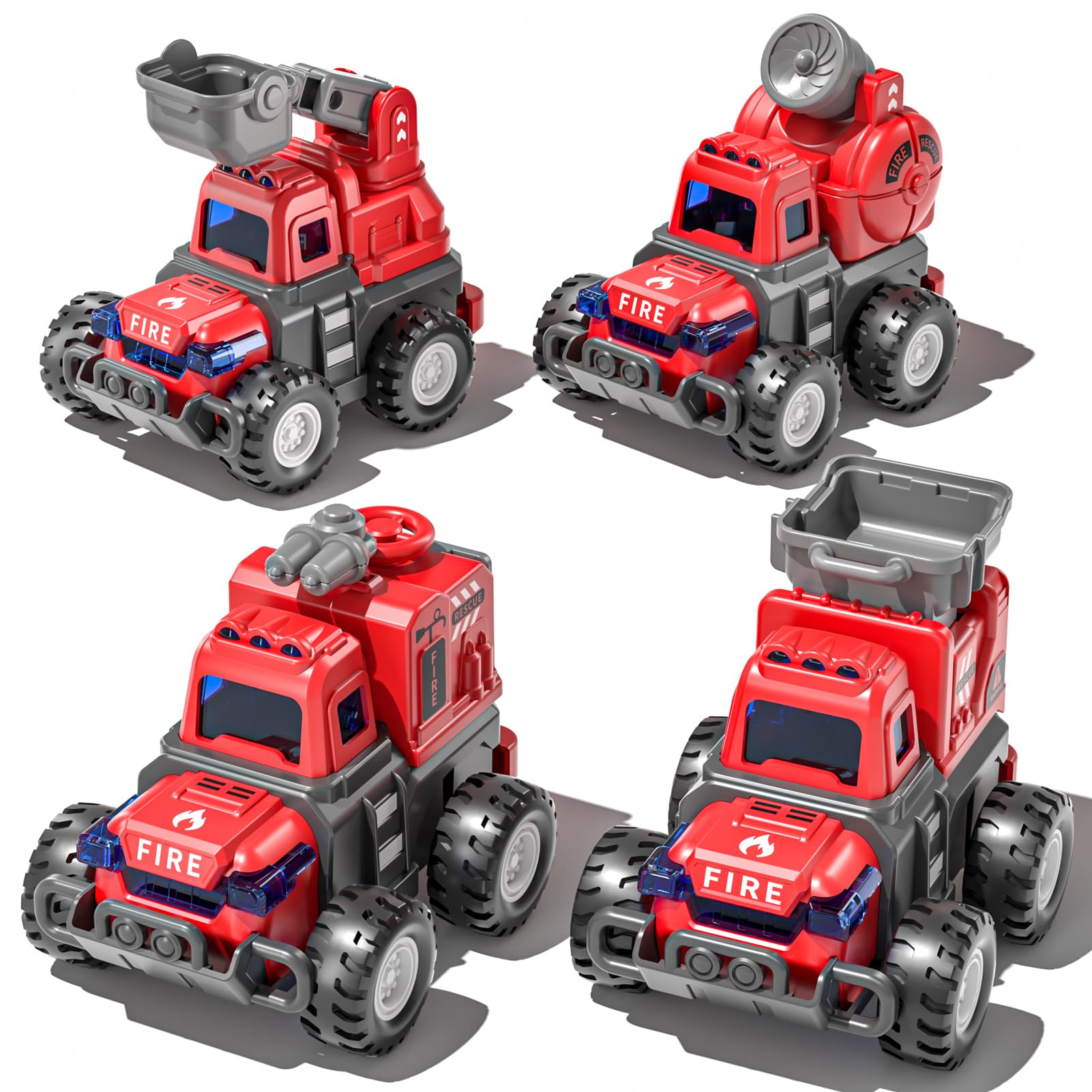 Beby Buty 4 Pack Fire Trucks Toys for Toddlers Kids 2-4 Years, Press and Go Cars for Toddlers Boys Girls with Flexible Joints, Kids Toddlers Toys for 3 4 5 6 Years Old Boys Girls Birthday Gifts