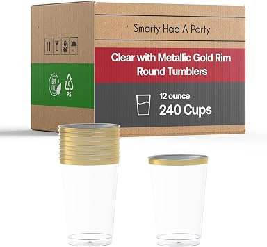 Smarty Had A Party 12 oz Clear Disposable Cups with Gold Rim 240 Plastic Tumbler Cups for Cocktails, Iced Coffee & Party Drinks