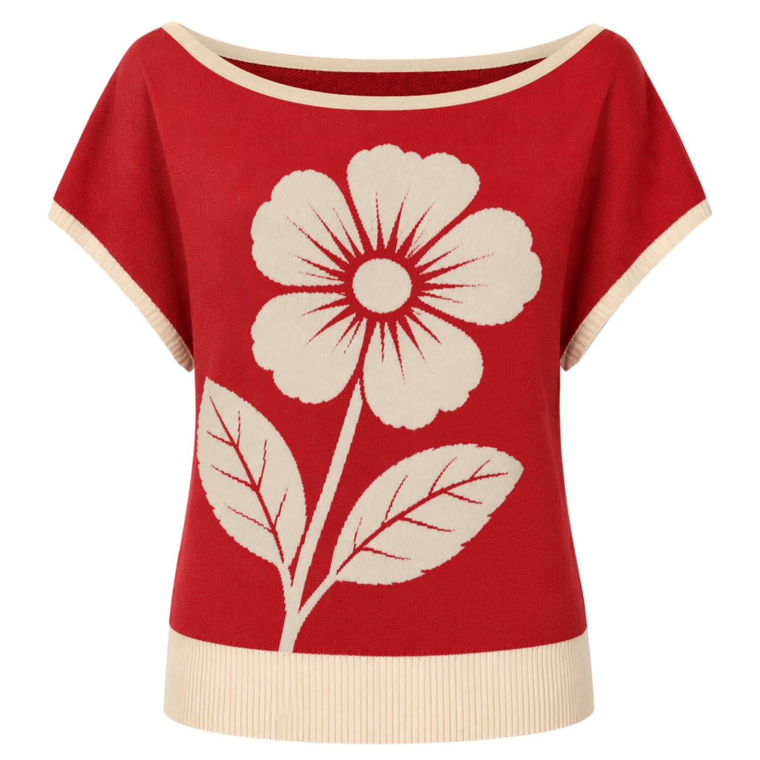 OXKnit T-shirt en tricot à épaules dénudées pour femme - Manches courtes - Avec grand motif floral - Style décontracté - Version courte