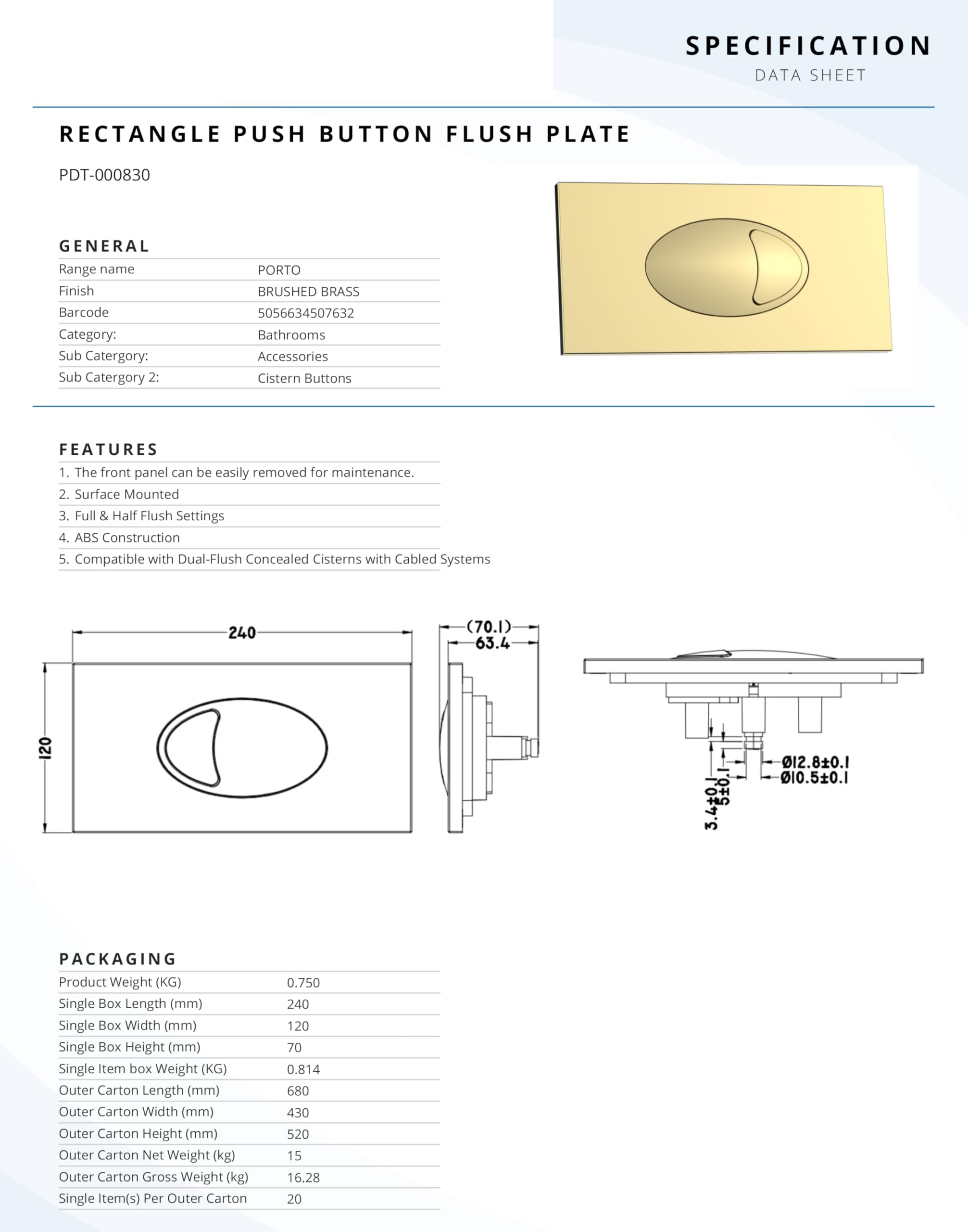 FLODE Placa rectangular con botón pulsador – Botón de inodoro de doble descarga de latón cepillado – Placa de descarga oculta para cisterna – Accesorio de baño moderno