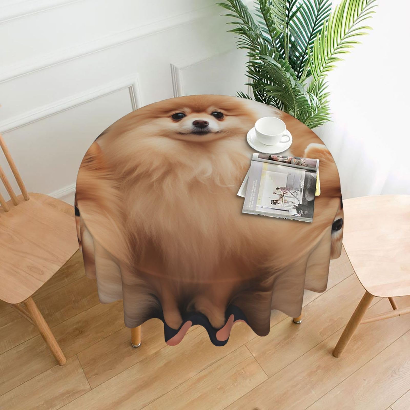 FodPand Pomeranians Puppies Tablecloths for Round Tables 60 Inch - Reusable Washable Dining Table Clothes - Stain and Wrinkle Resistant Decorative Fabric Table Cover for Wedding Party